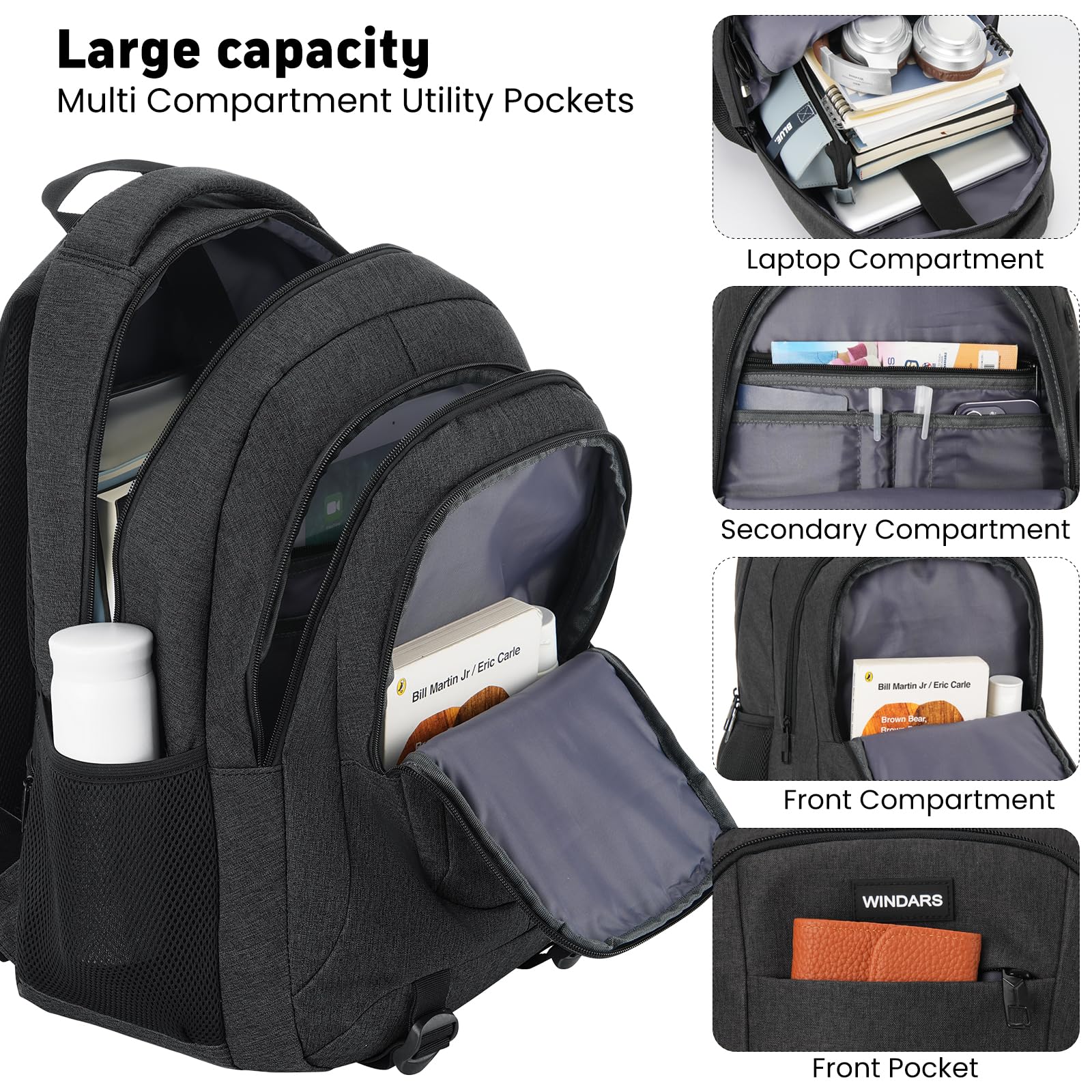 Durable 15.6 Inch Laptop Backpack for Men & Women - USB Charging Port, College Bookbag for School, Business, Work & Travel - Perfect for Students, Professionals & Commuters (Black)