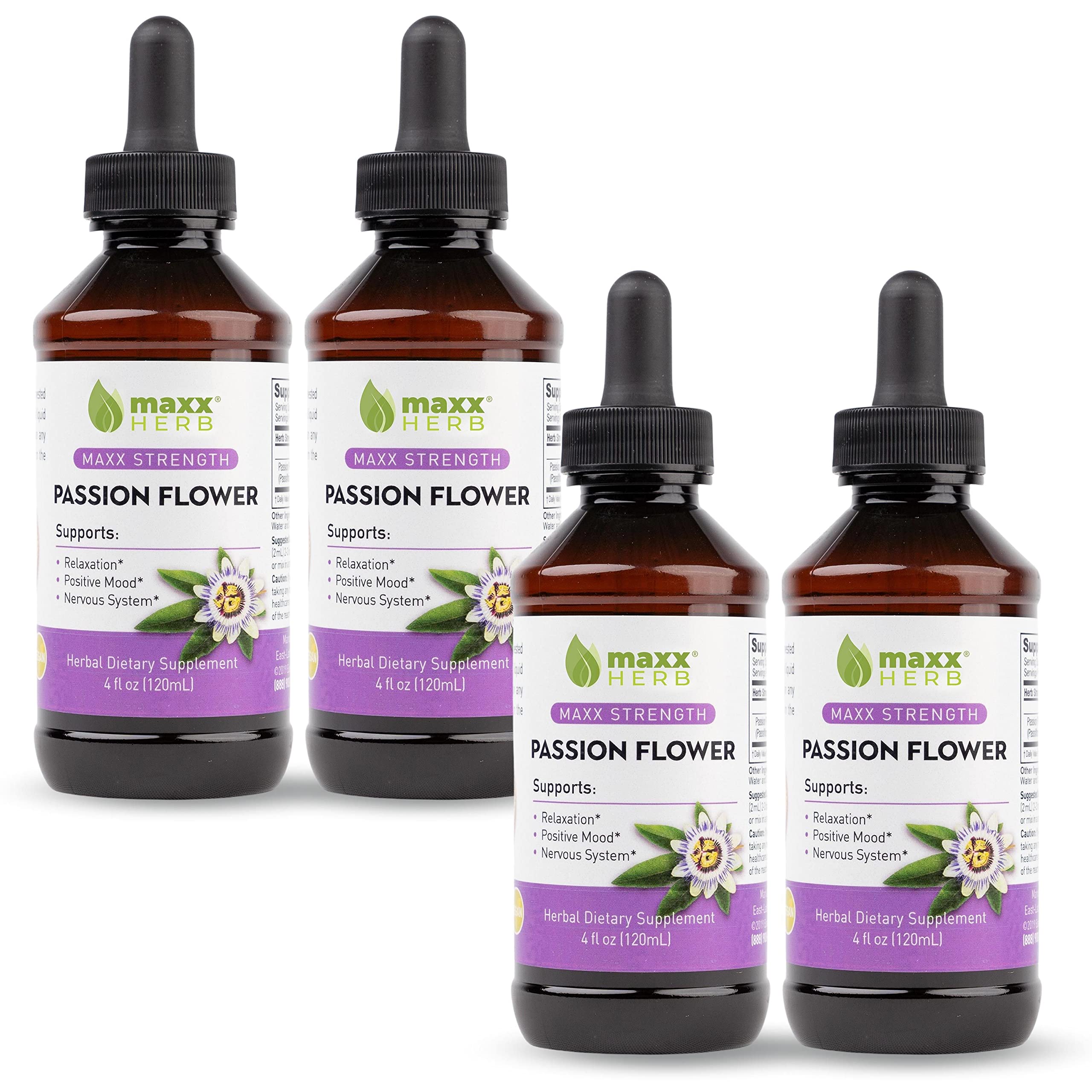 Maxx Herb Passion Flower Extract - Max Strength Liquid for Relaxation & Stress Relief, Alcohol-Free, Better Absorption Than Capsules - 4 Bottles (4 Oz Each, 240 Servings) - Perfect for Anxiety Relief, Sleep Support & Daily Calm