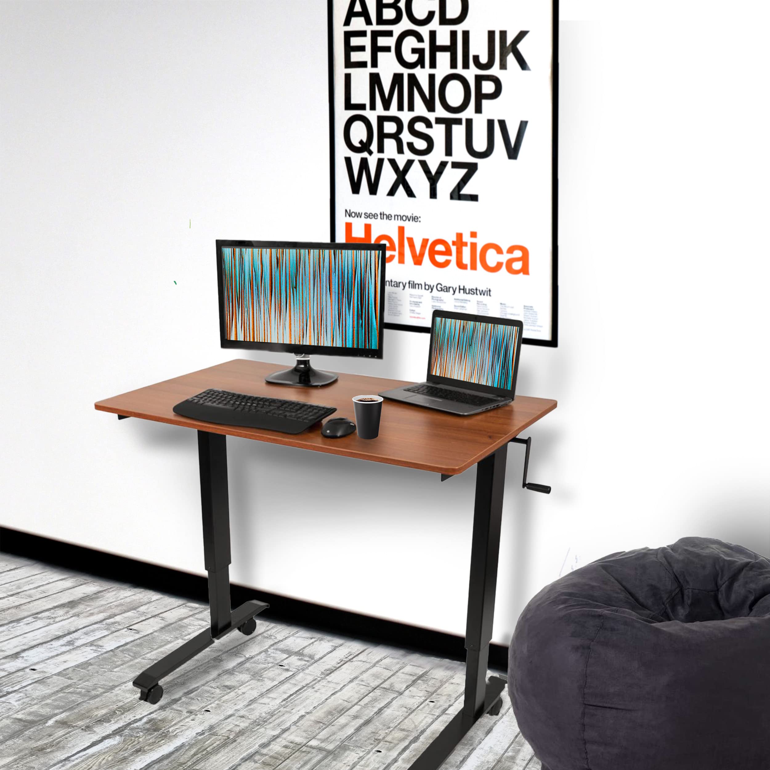 Adjustable Standing Desk with Wheels - Black Frame & Teak Top for Home Office