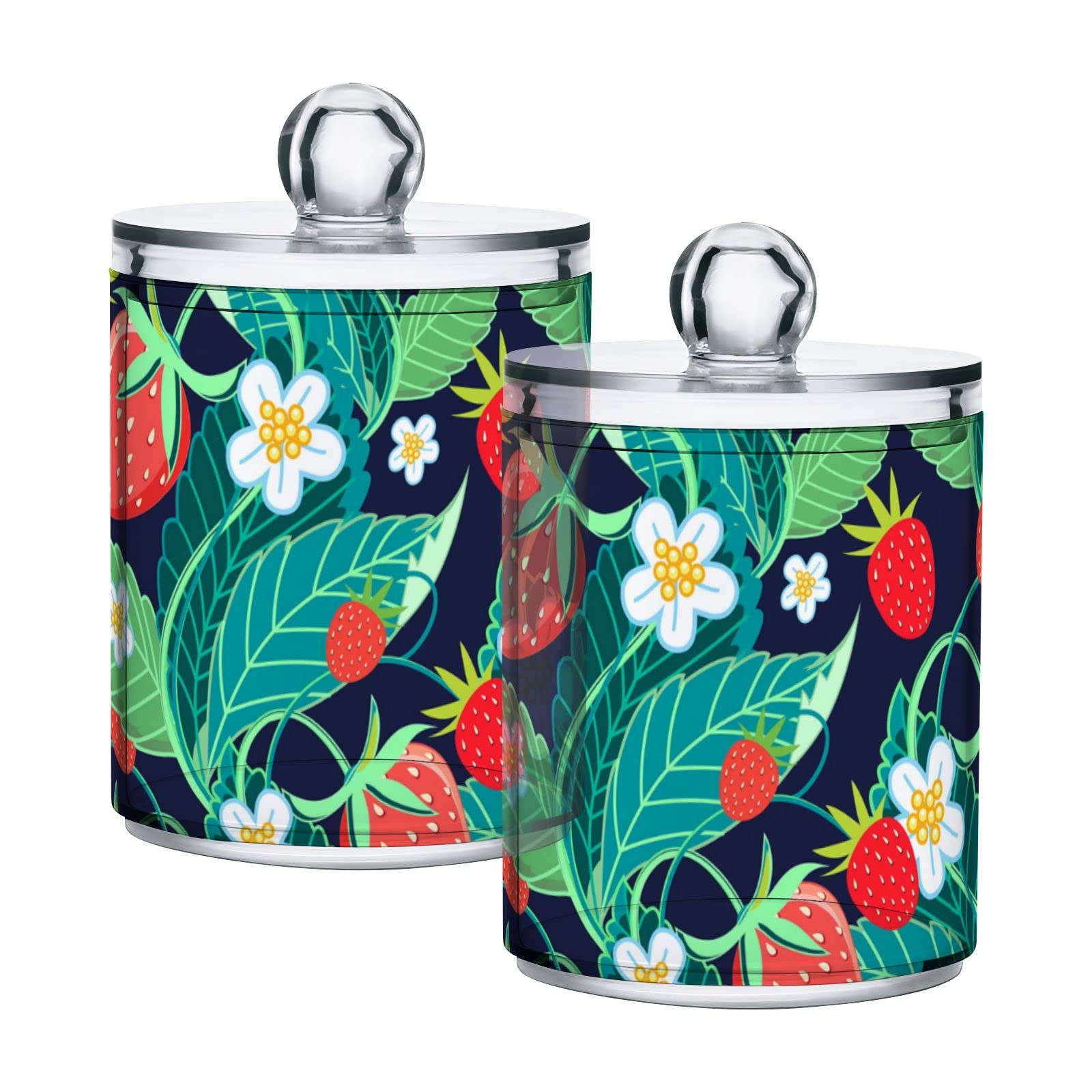 Premium Set of 2 Dark Plastic Storage Jars with Lids - 10oz Translucent Food Containers for Strawberries, Berries, Tea & Cookies | Airtight Canning Jars with Green Leaves & White Flowers Design | Perfect for Kitchen Pantry Organization, Cotton Swab Storage & Home Decor