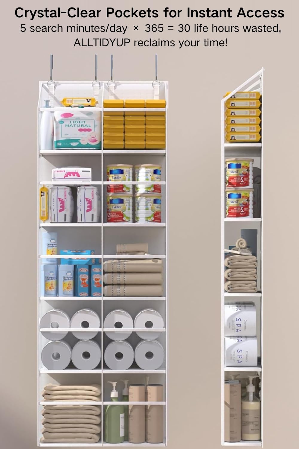Clear Over The Door Organizer 5 Shelf - Large Capacity Hanging Storage with 10 Pockets for Pantry, Dorm, Bedroom & Closet - White | Space-Saving Door Organizer for Nursery, Sundries & Home Organization