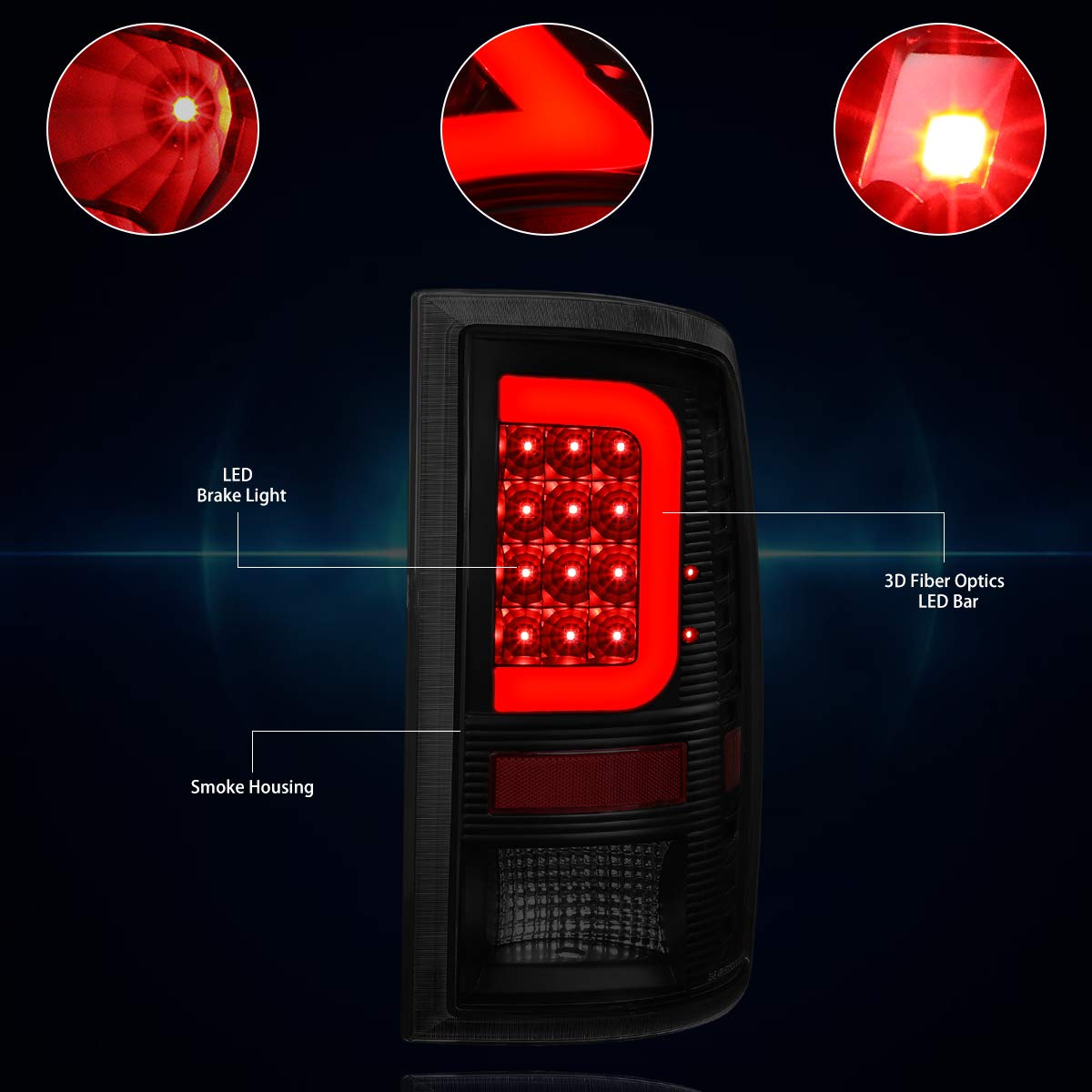 PM PERFORMOTOR 3D LED C-Bar Tail Lights for 2009-2017 Dodge Ram Pickup - Red Tinted Rear Reverse Lamps | Enhanced Visibility & Style for Night Driving & Off-Road Adventures
