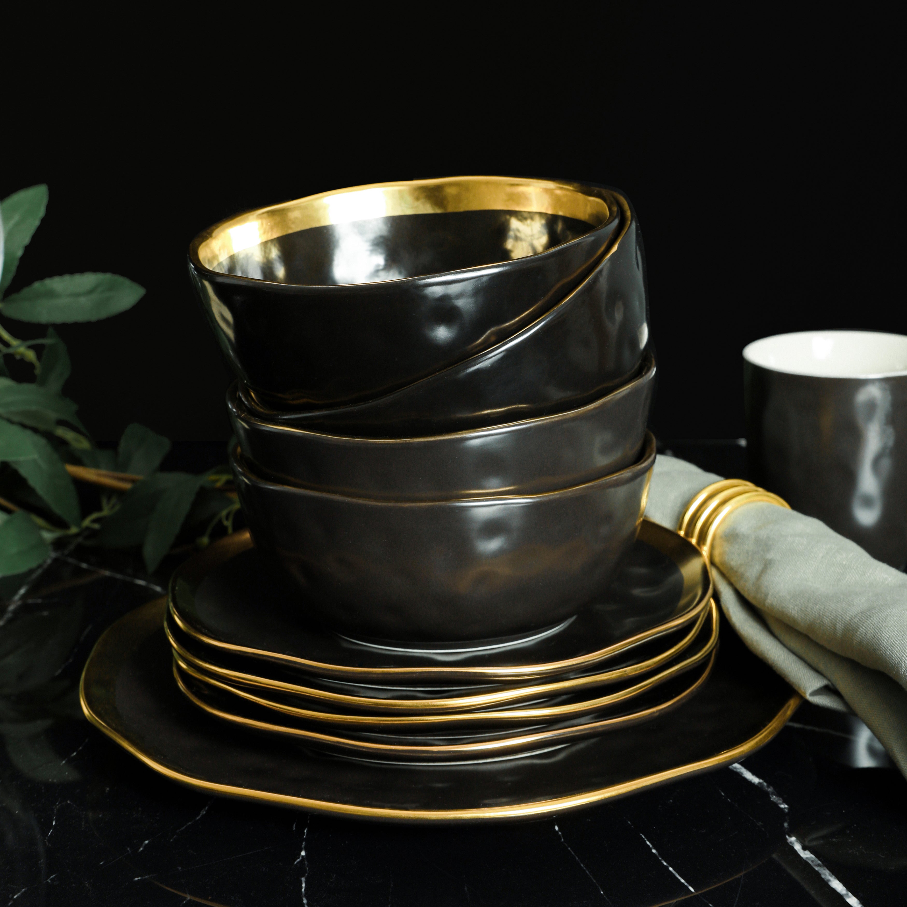 Florian Porcelain Dinnerware Set - 16-Piece Elegant Black Dinner Plates, Bowls & Mugs - Durable Chip-Resistant Dishware for Everyday Use & Formal Dining