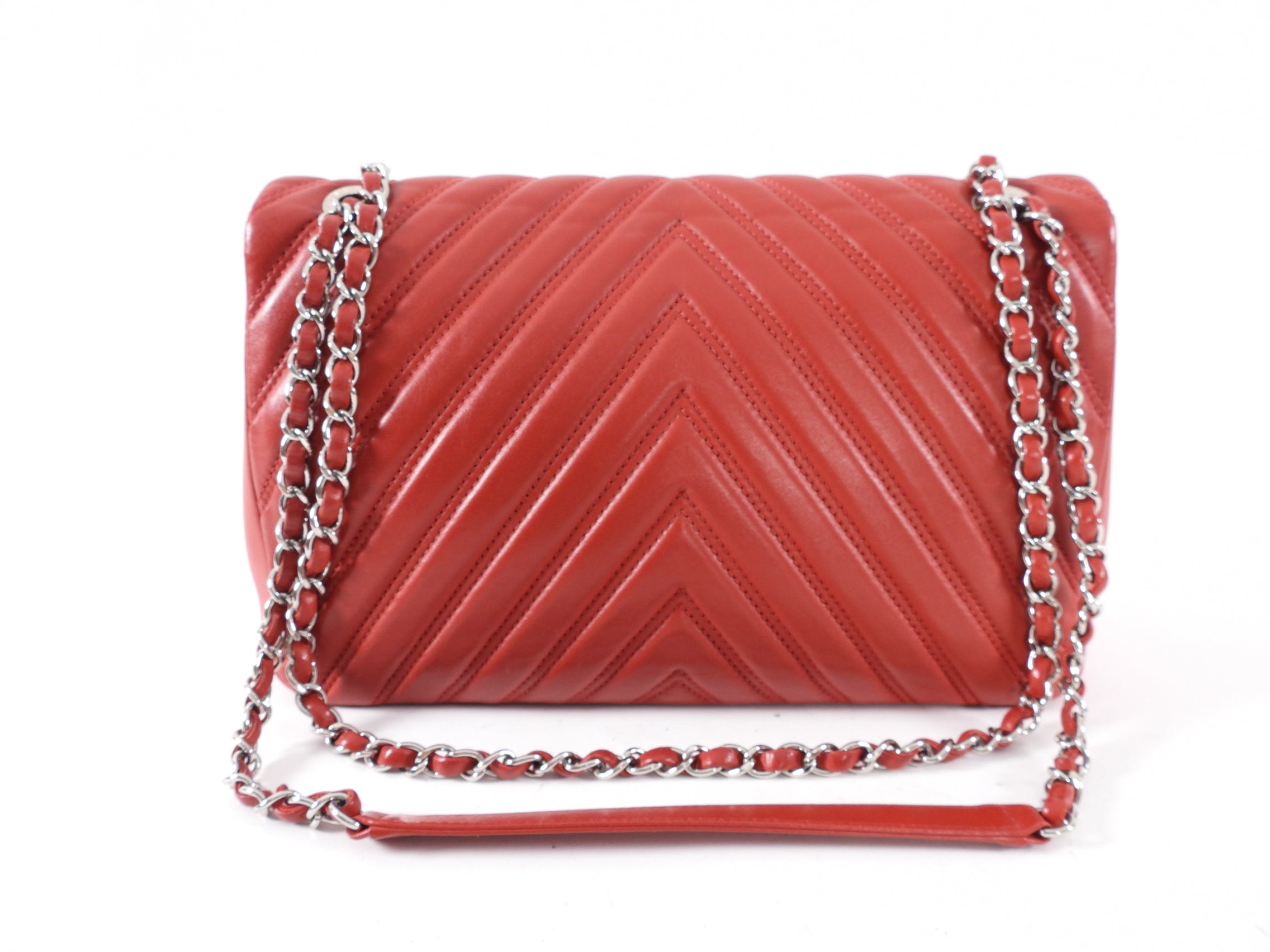 Chanel Red Jumbo Chevron Quilted Single Flap Bag with Silver Hardware - Luxury Designer Handbag for Women, Perfect for Parties, Date Nights & Special Occasions
