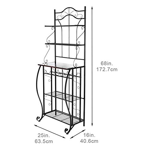 5-Tier Metal Kitchen Bakers Rack with Wine Storage - Cappuccino Finish Scroll Design, Black - Perfect for Small Spaces, Pantry Organization & Wine Display in Home, Restaurant or Cafe