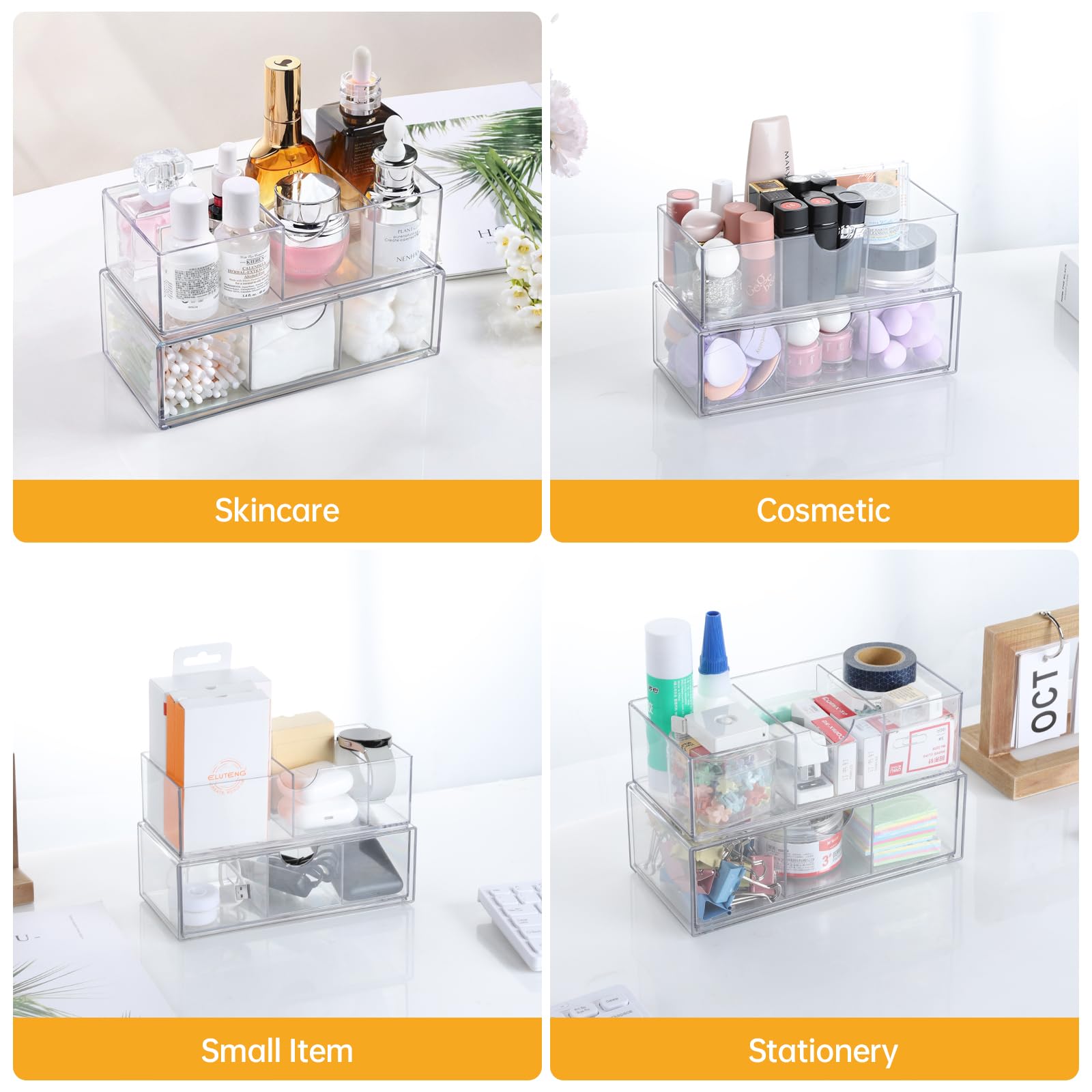 2-Pack Clear Stackable Medicine Cabinet Organizer with Removable Dividers - Bathroom Mirror Storage, Vanity Makeup Drawers, Closet & Countertop Organization for Cosmetics, Toiletries and Small Essentials