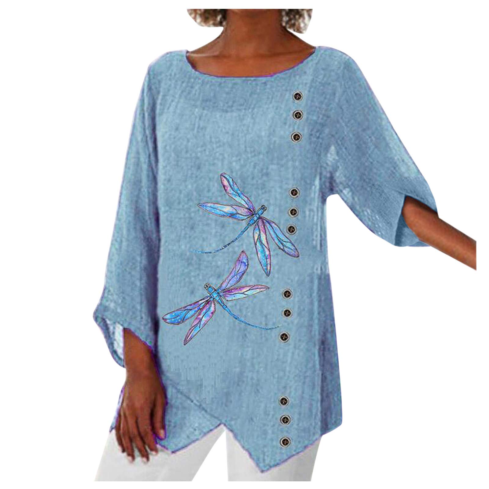 Women's Printed Linen T-Shirt - Round Neck Cotton Blouse Pullover for Summer | Casual Wear, Beach Outfits & Everyday Comfort