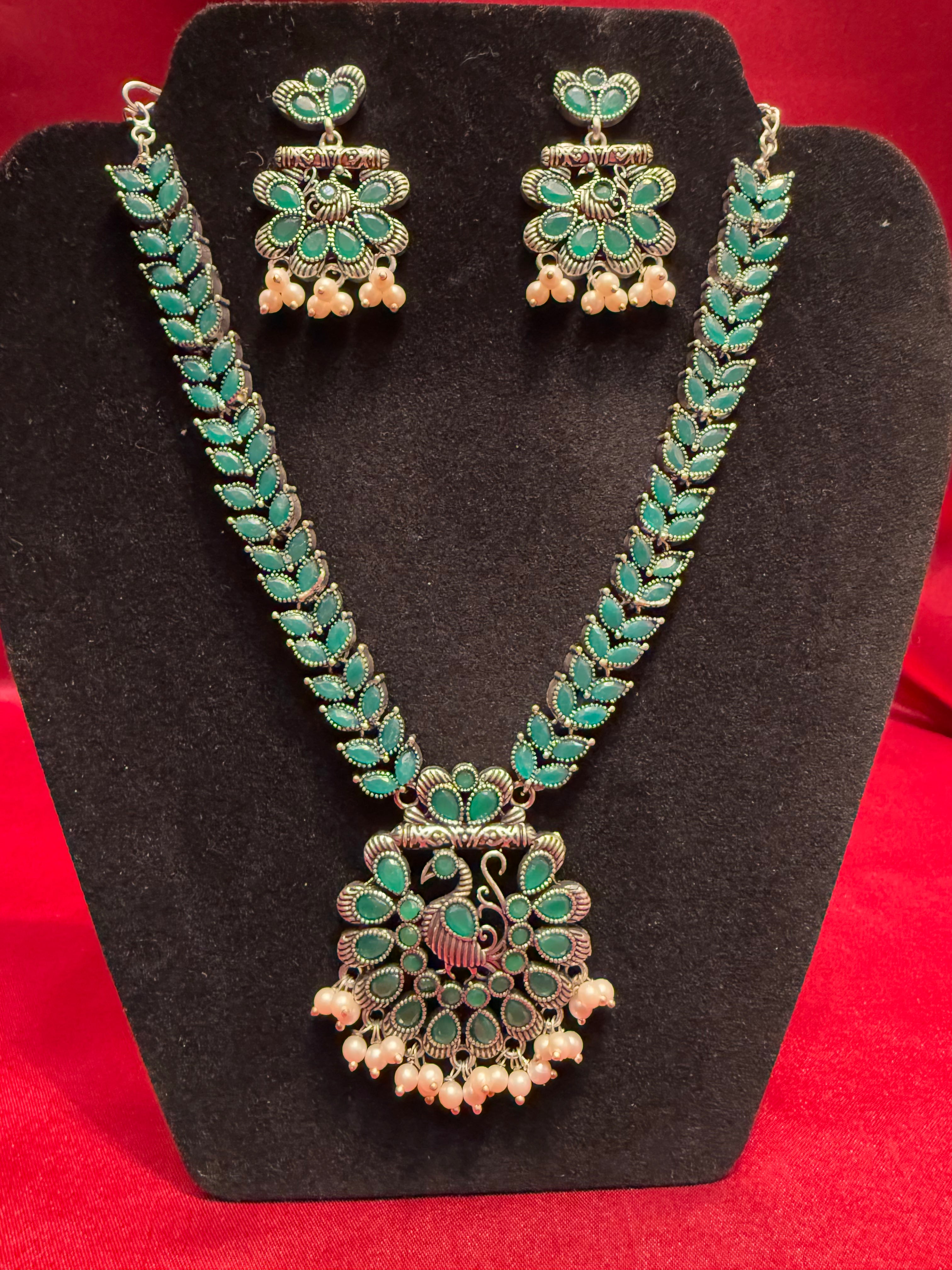 Elegant Peacock Design Oxidized Necklace & Earrings Set in Green - Perfect for Weddings, Parties & Boho Fashion
