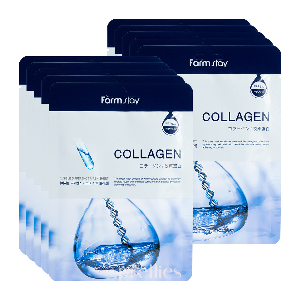 Farmstay Visible Difference Collagen Mask Sheet - 10 Pack Hydrating Facial Sheet Masks for Glowing Skin | Korean Skincare for Dry, Dull Skin - Perfect for Spa Day, Self-Care Routine & Gift Giving