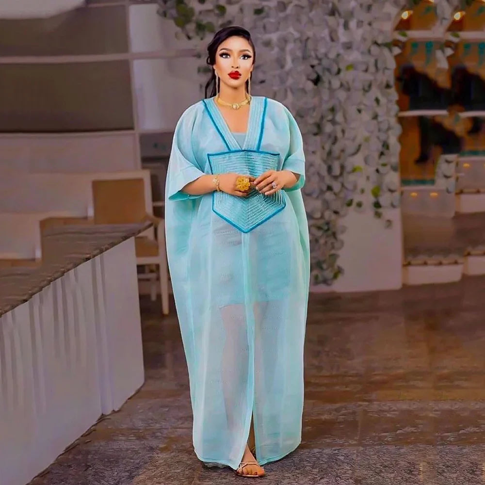 African Modern Blue Mesh Embroidered Deep V-Neck Plus Size Skirt with Inner Lining - Elegant African American Women's Dress for Parties, Weddings & Special Occasions