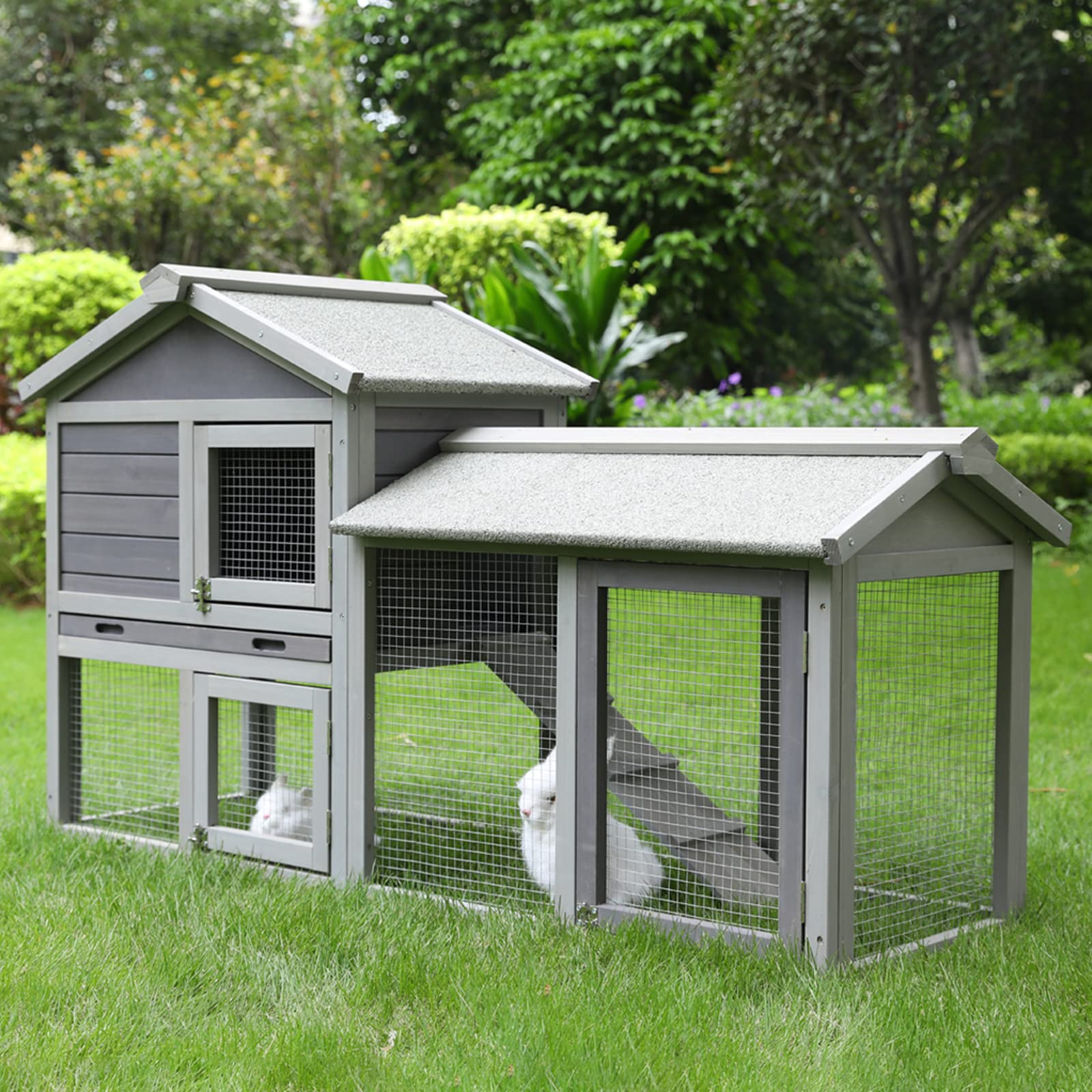 DKLGG Outdoor Wooden Rabbit Hutch - Bunny House with Ventilation Door, Removable Tray & Ramp for Rabbits, Chickens, Small Pets - Grey Wooden Chicken Coop for Garden, Backyard, Indoor & Outdoor Use (54.8