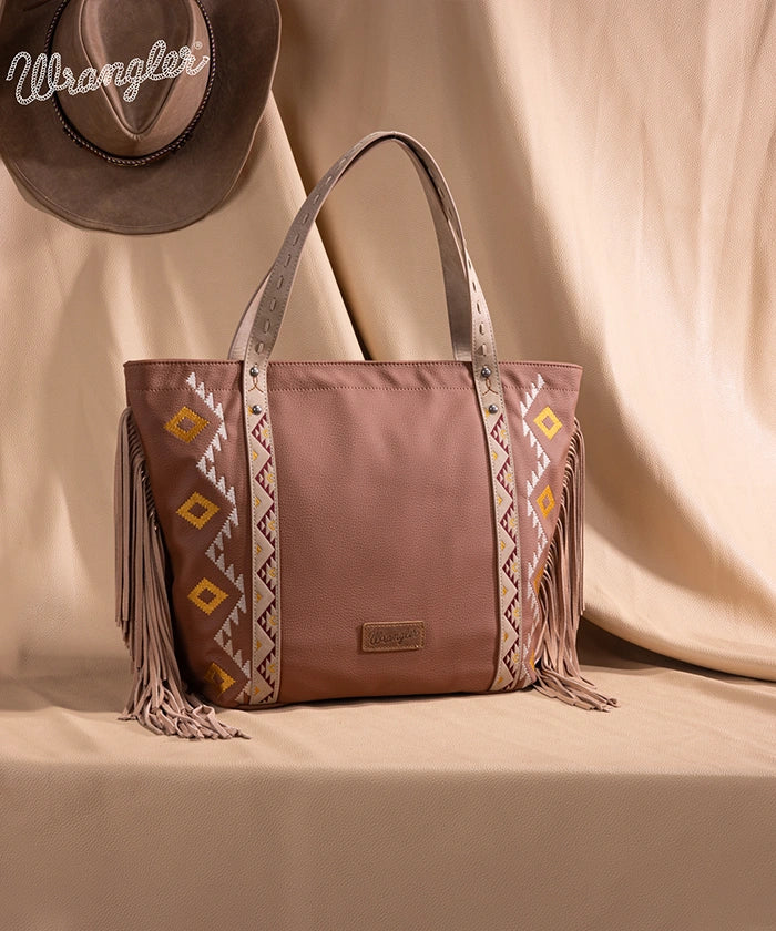 Wrangler Aztec Embroidered Fringe Wide Tote Bag for Women - Stylish Boho Shoulder Purse for Beach, Travel & Everyday Use