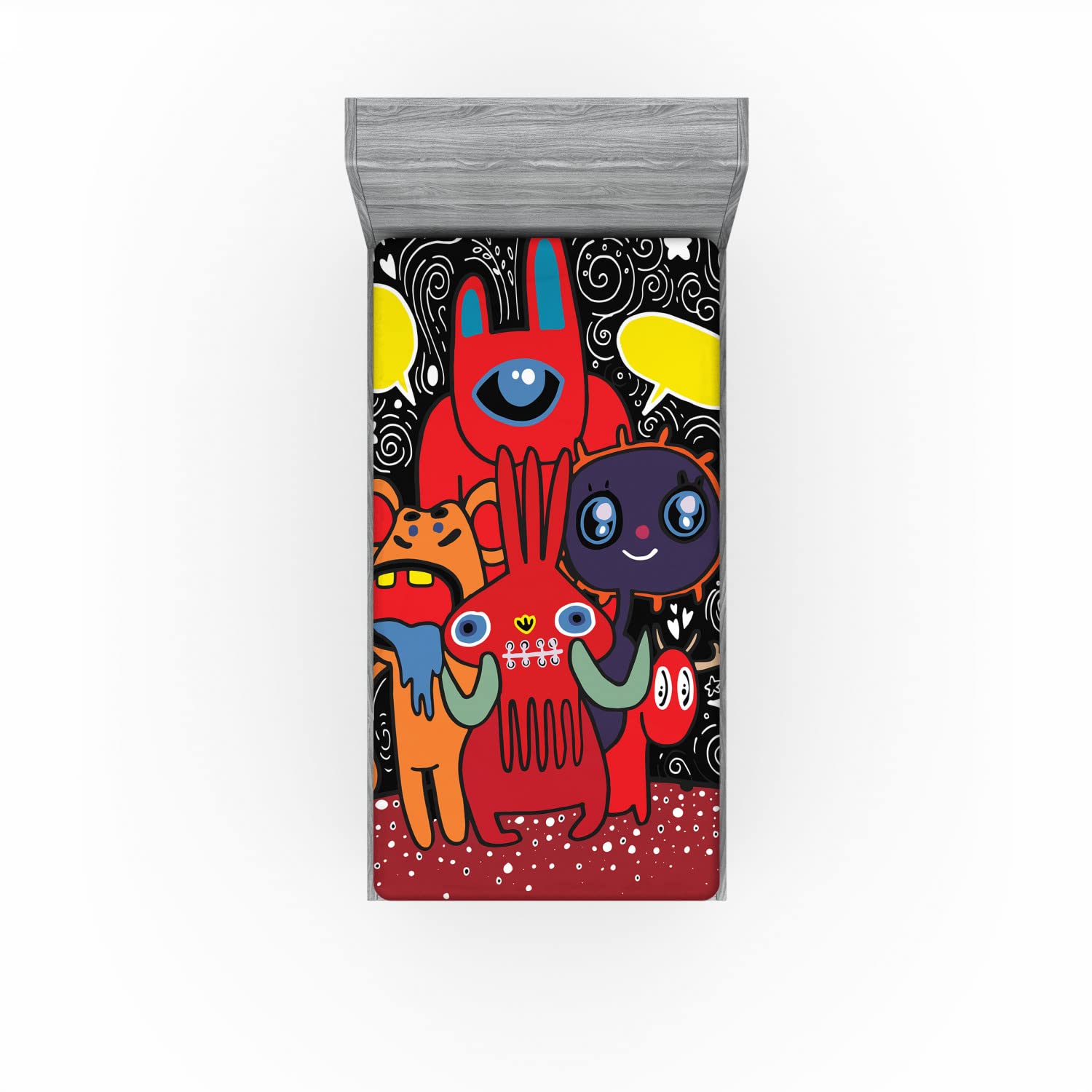 Ambesonne Indie Fitted Sheet - Monster City Theme with Funny Characters, Speech Bubbles & Floral Swirls - Twin Size Deep Pocket Bed Cover - Perfect for Kids' Rooms, Dorm Decor & Themed Bedrooms