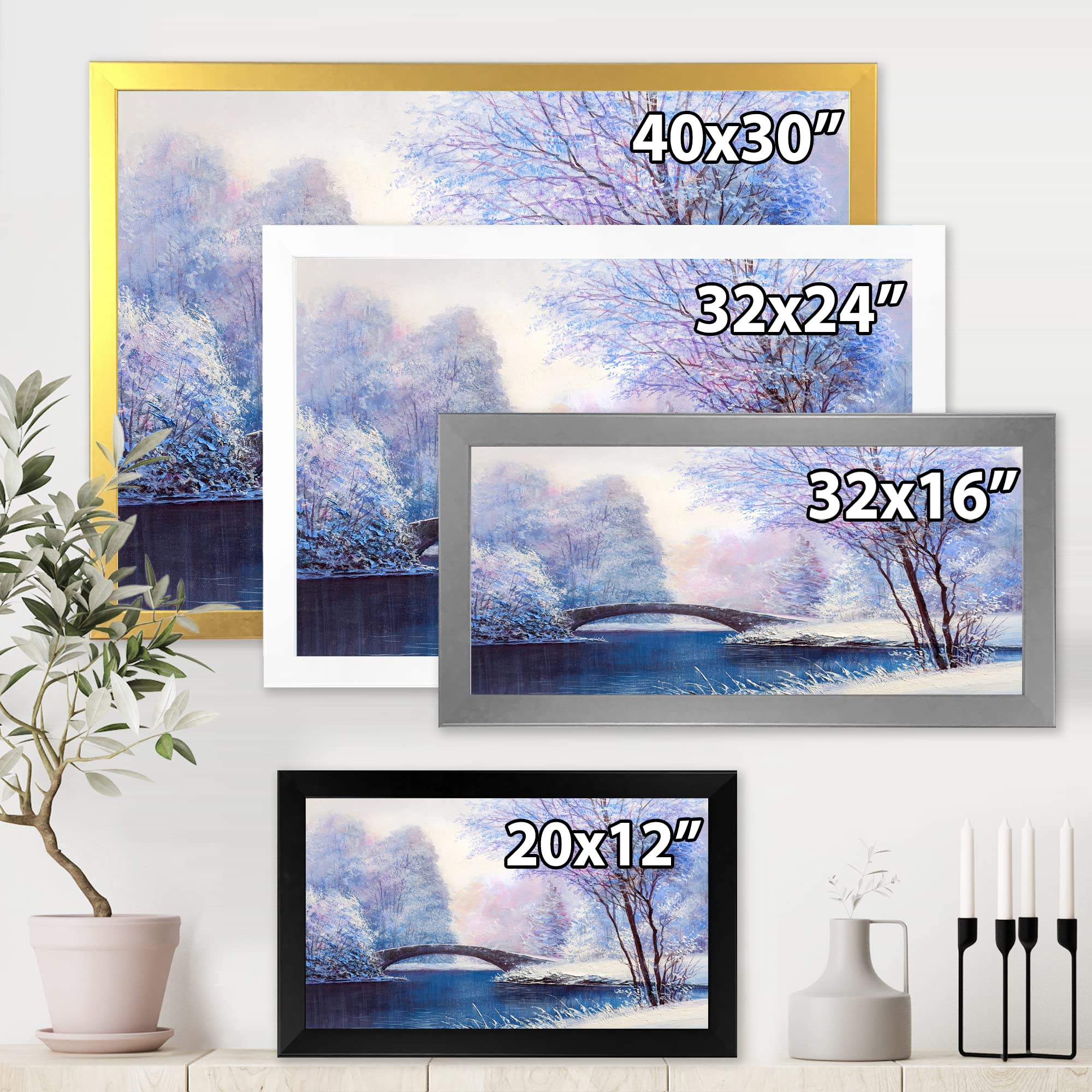 DesignQ Winter Scenery With Bridge Of Meandering River III Lake House Framed Wall Art - Landscape Canvas Painting for Living Room, Bedroom & Office Decor