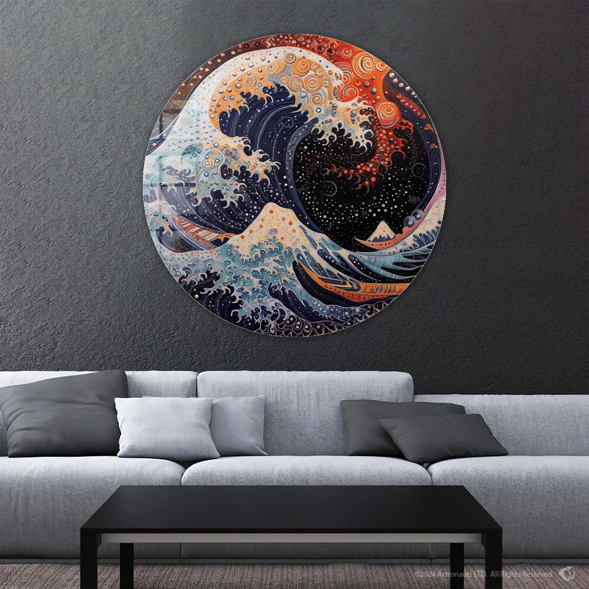 Futuristic Kanagawa Wave Rounded Glass Wall Art - Modern Home Decor for Living Room, Bedroom & Office