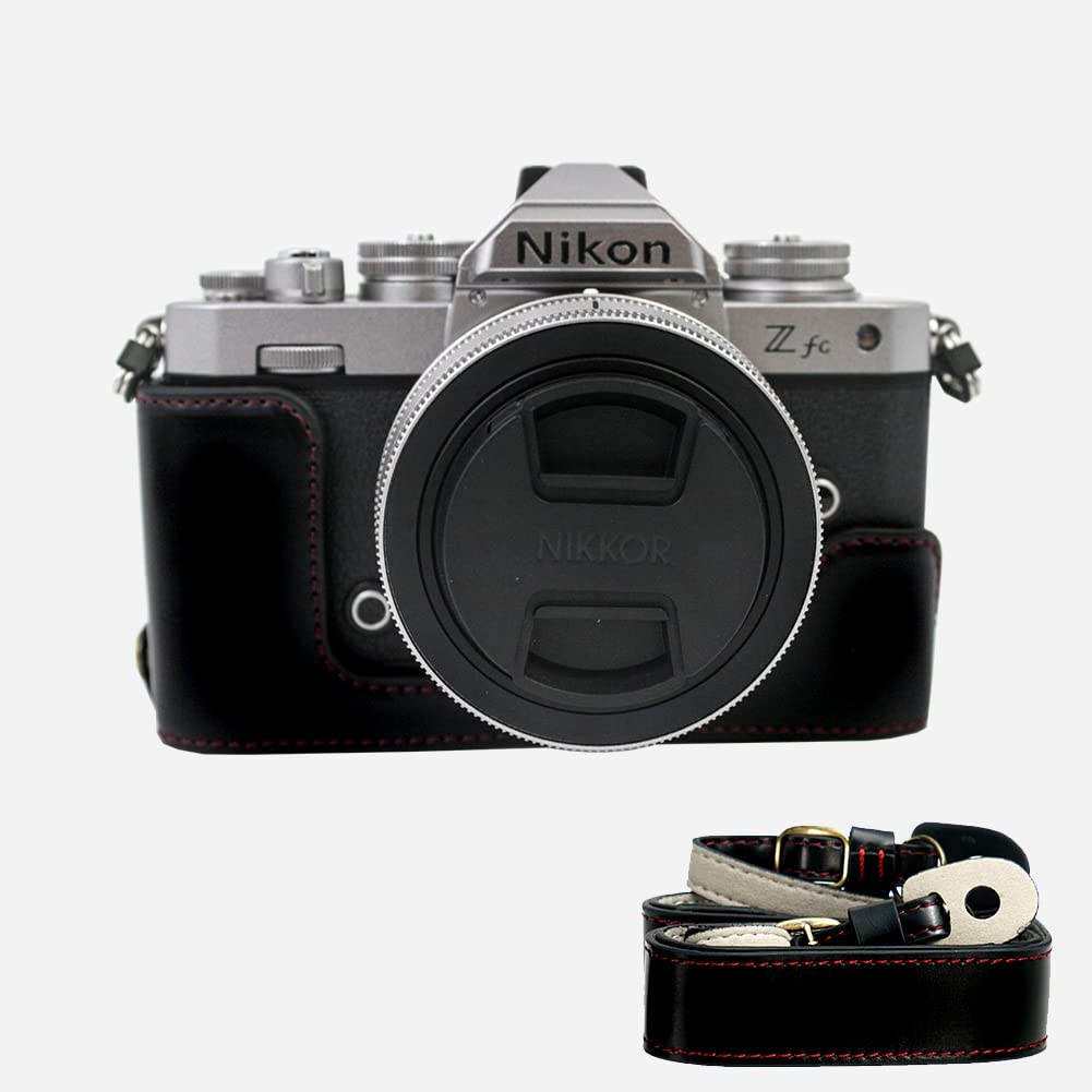 Nikon Z fc Camera Half Case - PU Leather Protective Cover with Strap for ZFC (Black) | Bottom Opening Design | Perfect for Travel, Street & Everyday Photography