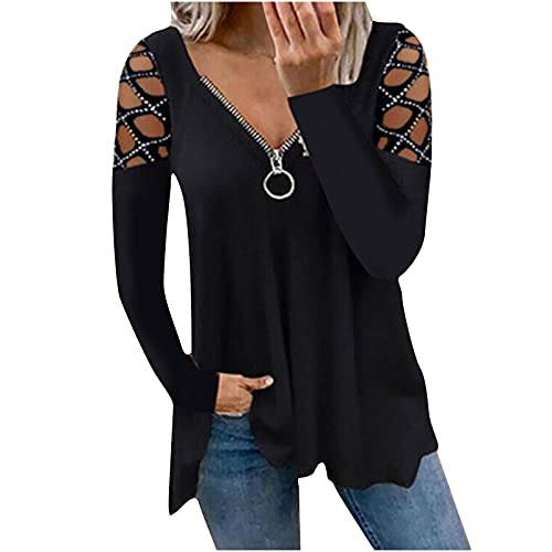 Women's Fashion Cold Shoulder Zip-Up V-Neck Long Sleeve Tunic Top - Soft Loose Fit Casual Shirt for Daily Wear, Office, and Going Out