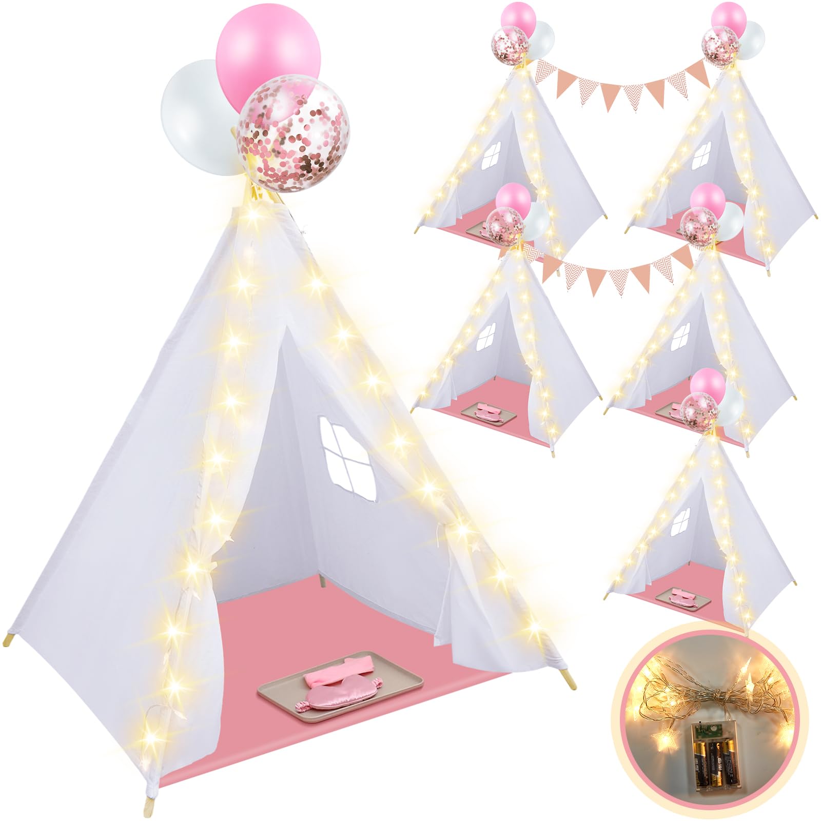 **6 Pack Kids Teepee Tent with Light Blankets & Trays - Natural Cotton Play Tent for Toddlers, Washable Indoor/Outdoor Sleepover Tent for Boys & Girls - Perfect for Slumber Parties, Birthday Gifts & Playroom Decor**