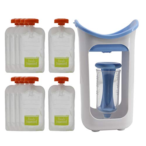 Baby Food Maker with 10 Reusable Pouches - Fresh Fruit Puree & Juice Squeezer Station with Storage Bags - Perfect for Homemade Baby Food, Snacks & On-the-Go Feeding - Blue