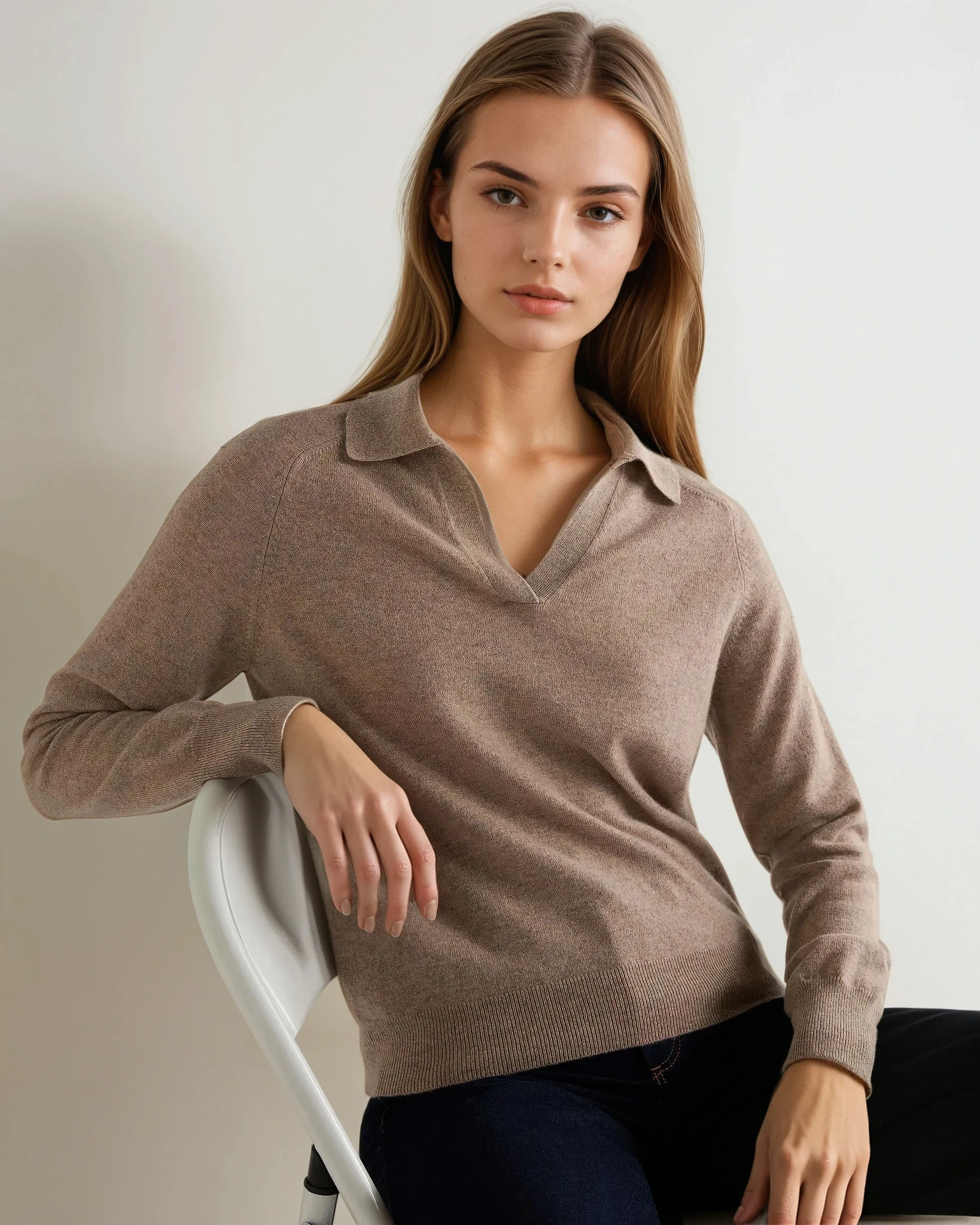Luxury Women's Cashmere Polo Shirt - Soft Oatmeal Brown Knit Top for Work & Casual Wear | Office, Golf & Everyday Outfits