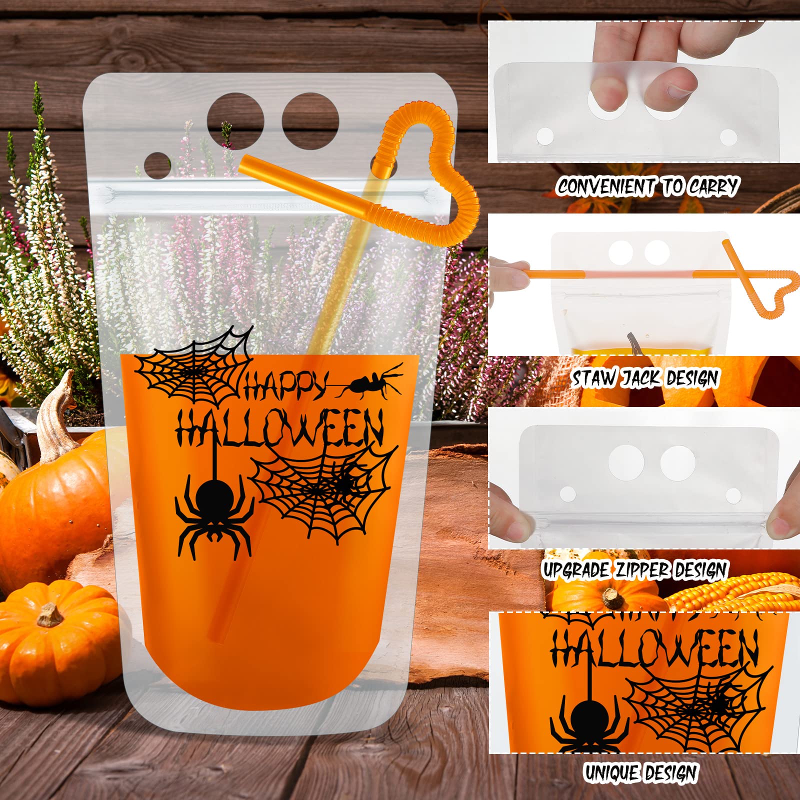 24-Pack Halloween Drink Cup Pouches with Straws - Reusable Plastic Juice Bags with Zipper for Nurse Graduation & Vampire Themed Parties - Ghost Style Halloween Party Decorations & Beverage Holders (Great for Trick-or-Treat, Costume Parties & Spooky Celebrations)