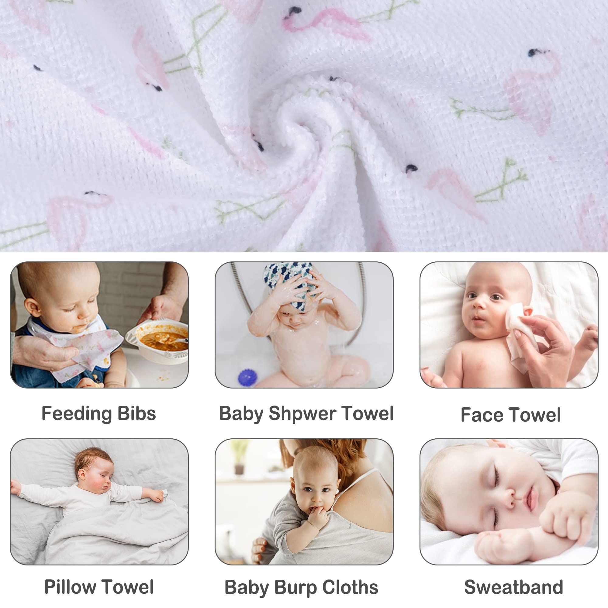 Viviland 24 Pack Super Soft Baby Washcloths - Hypoallergenic Bath Towels for Newborns & Infants (9x9 Inch, Flamingo Pattern) | Gentle Face & Body Wash Cloth for Sensitive Skin - Perfect for Baby Showers, Daily Bathing & Travel Essentials