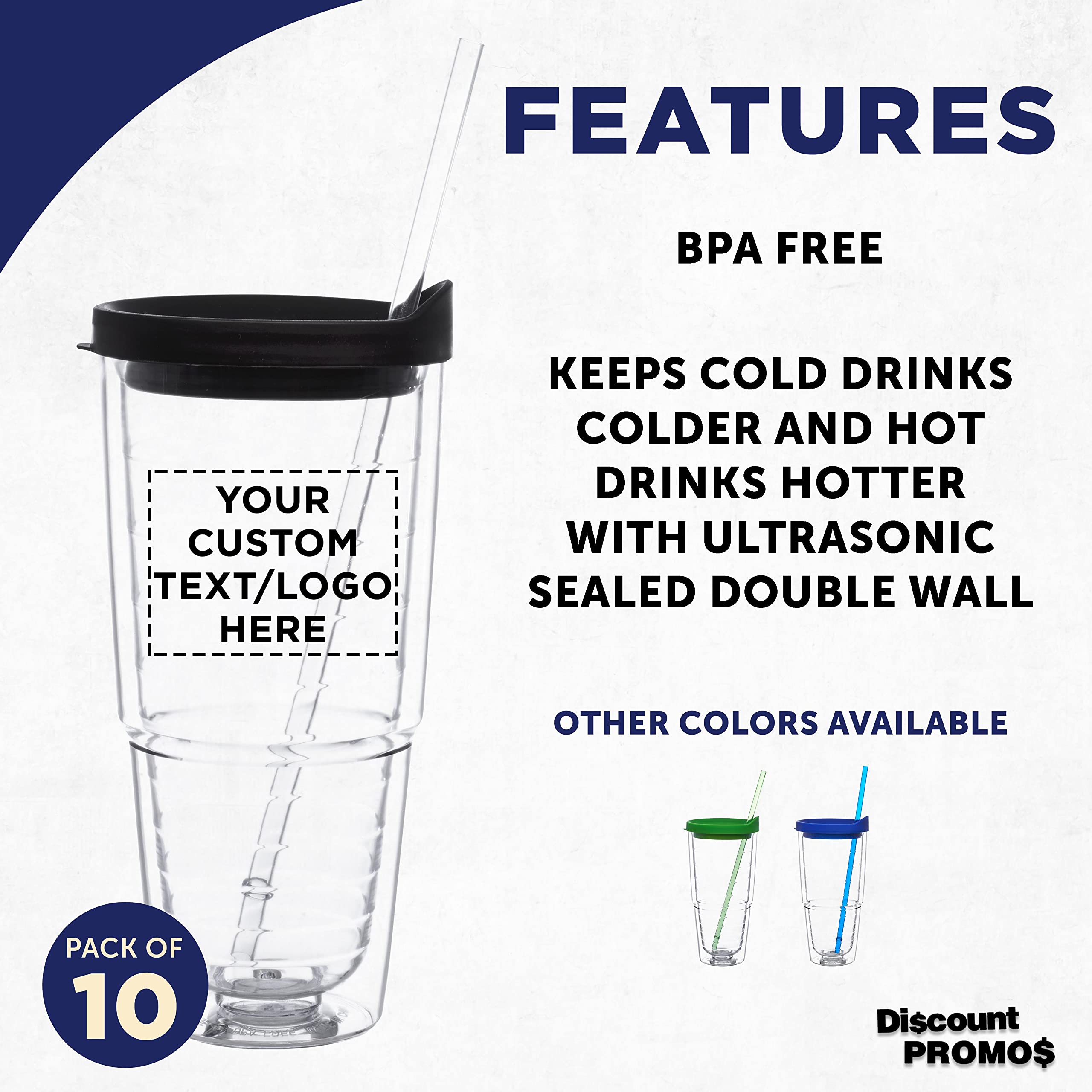 Custom 24 oz Double Wall Acrylic Tumblers with Straw - Set of 10 Personalized Drinkware for Hot & Cold Beverages - Bulk Pack Promotional Items - Perfect for Restaurants, Cafes, Events and Corporate Gifts - Black