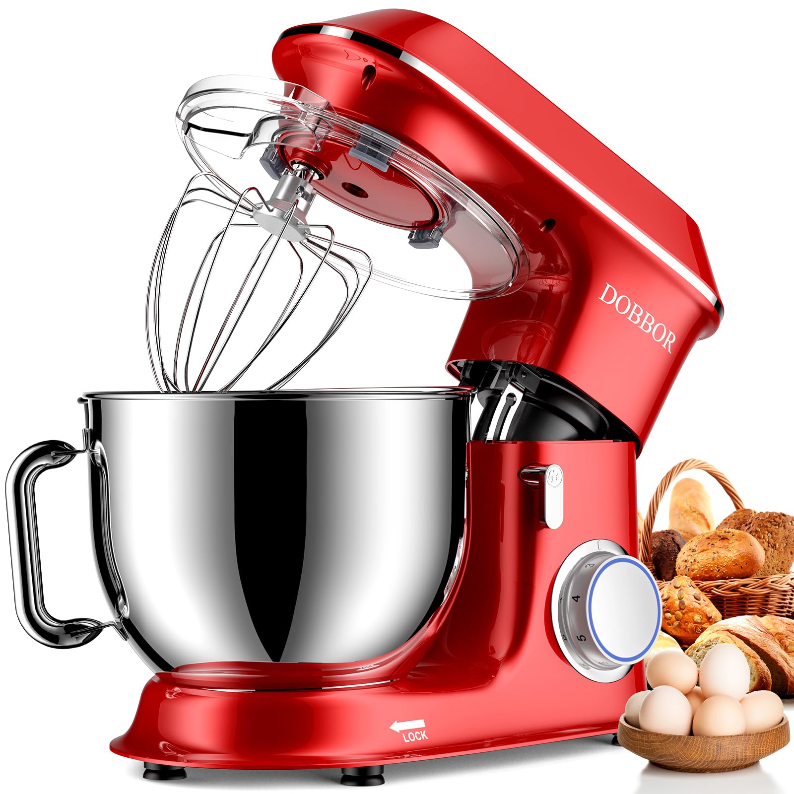 DOBBOR 9.5QT 660W Electric Stand Mixer - 7-Speed Tilt-Head Dough Mixer with Dough Hook, Whisk & Beater for Baking Bread, Cakes, Cookies, Pizza & More - Perfect for Home Bakers & Professional Kitchens - Red