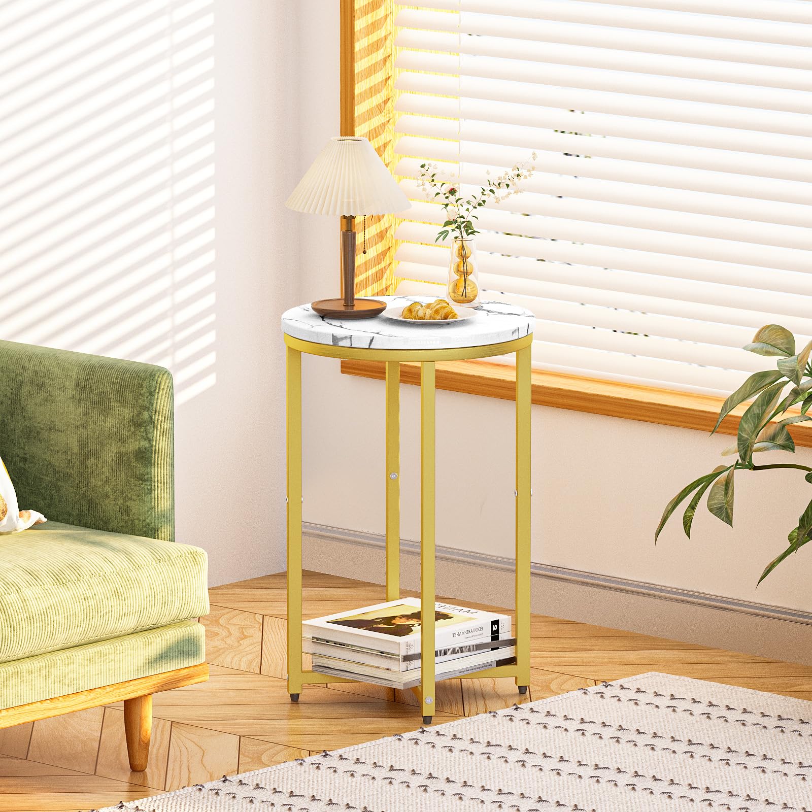 Modern Gold Side Table Set of 2 - Round Coffee & End Tables with Gold Metal Frame & White Marble Top - 16