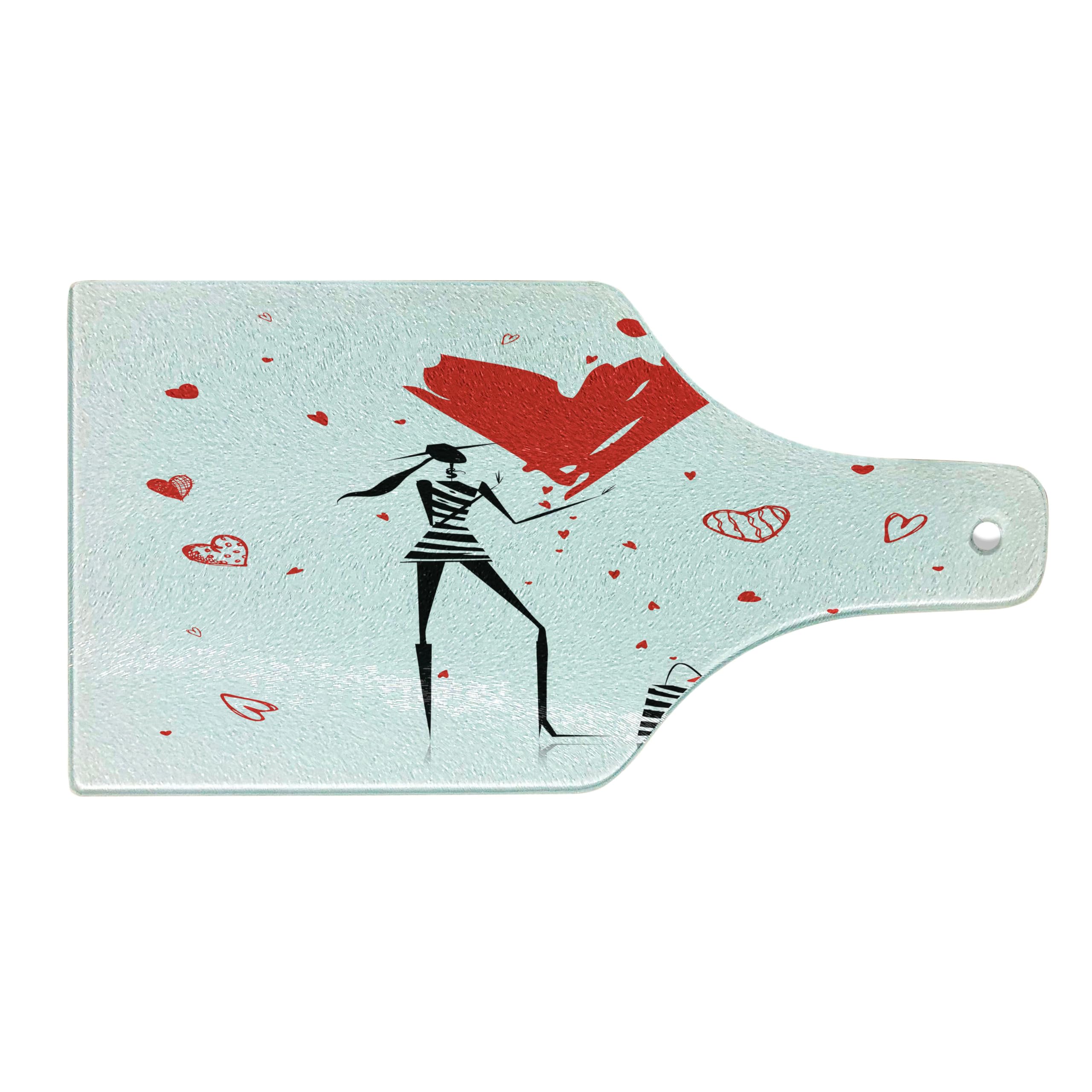 Lunarable Fashion Cutting Board - Urban Lady with High Heels & Giant Valentine's Day Heart Print - Decorative Tempered Glass Serving Board - Wine Bottle Shape in White, Black & Red - Perfect for Romantic Dinners, Valentine's Gifts & Kitchen Decor