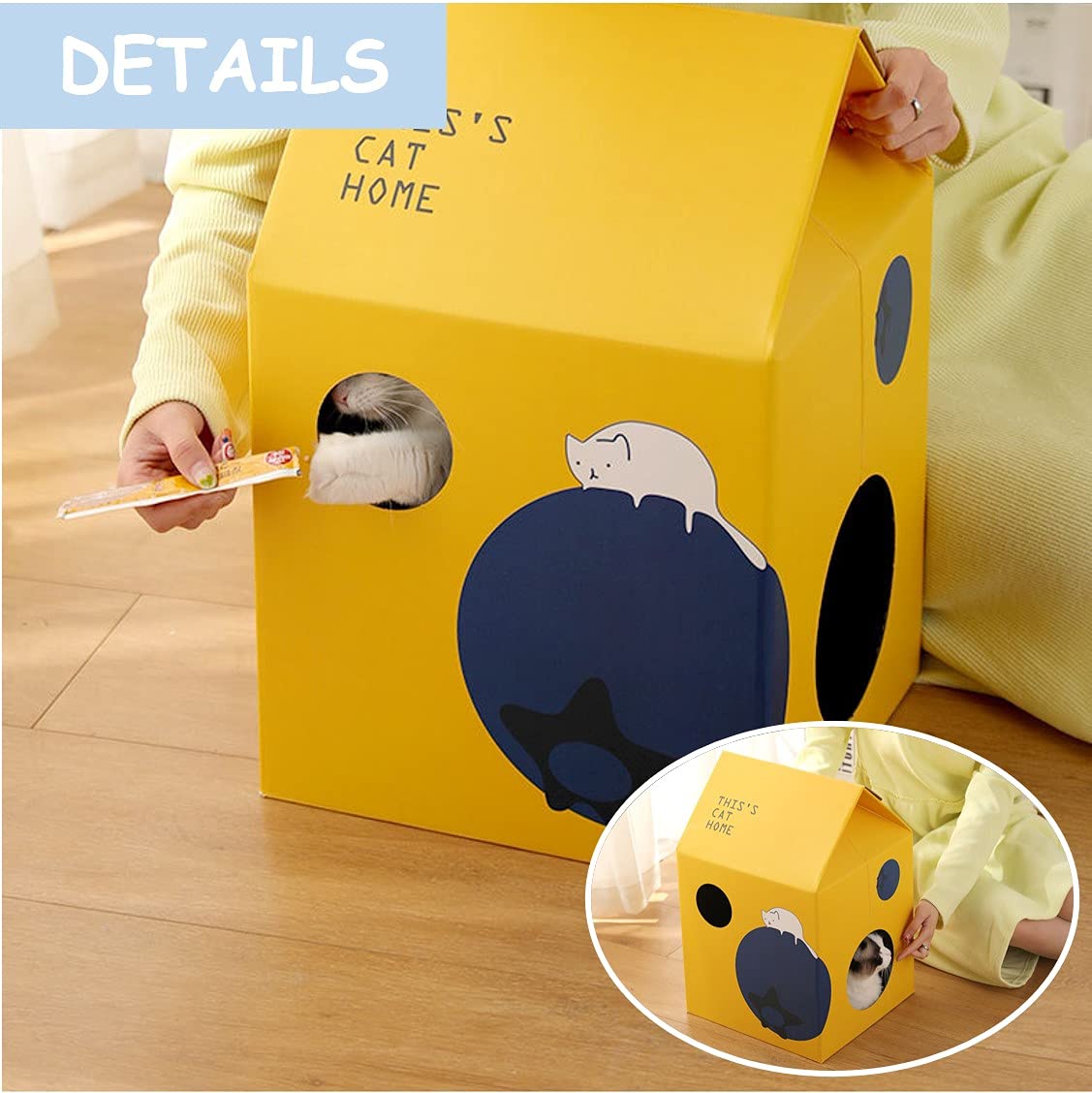 Milk Carton Shaped Cat House with Cardboard Scratcher Pad - Interactive Cat Bed & Playhouse with Observation Window for Cats and Rabbits - Perfect for Indoor Play, Scratching, and Cozy Napping