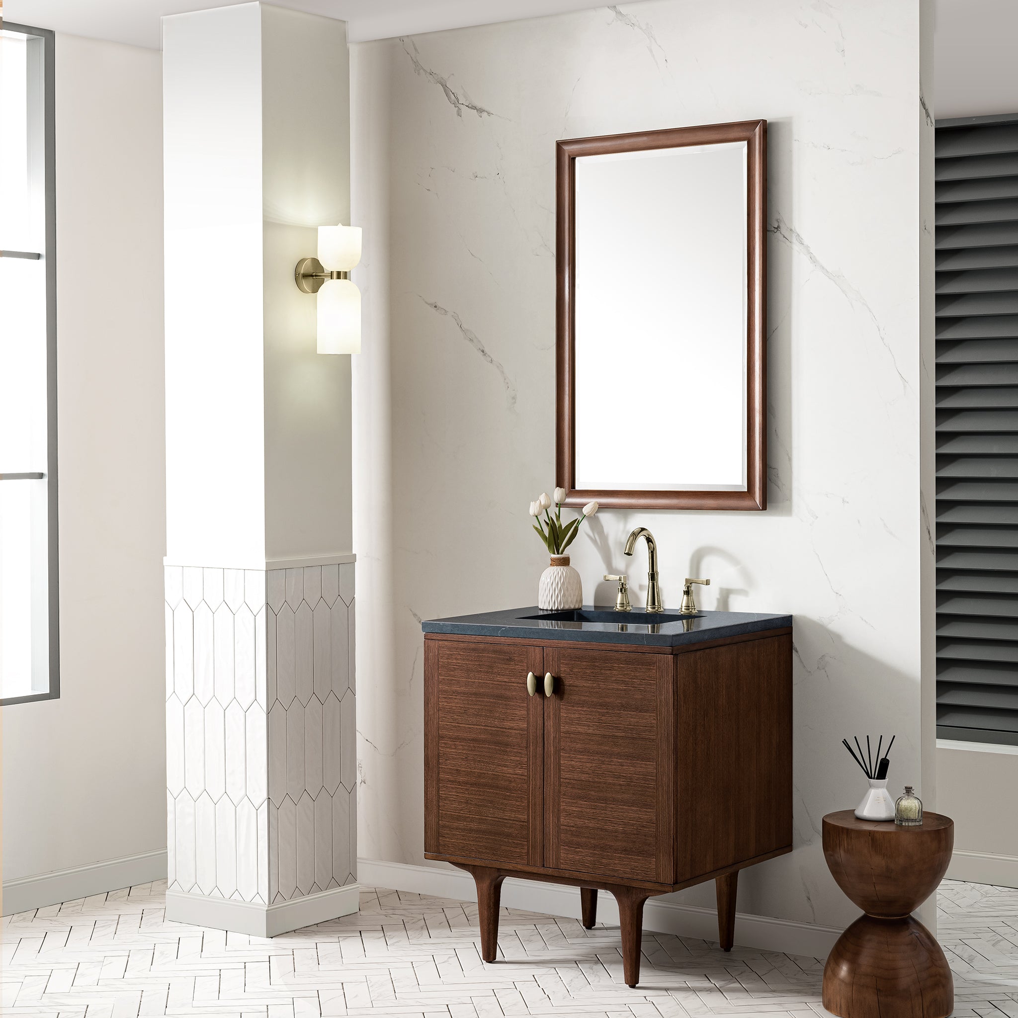 Amberly 30 Inch Single Vanity with Mid Century Walnut Finish & 3CM Charcoal Soapstone Top - Perfect for Bathroom Remodeling and Modern Home Decor