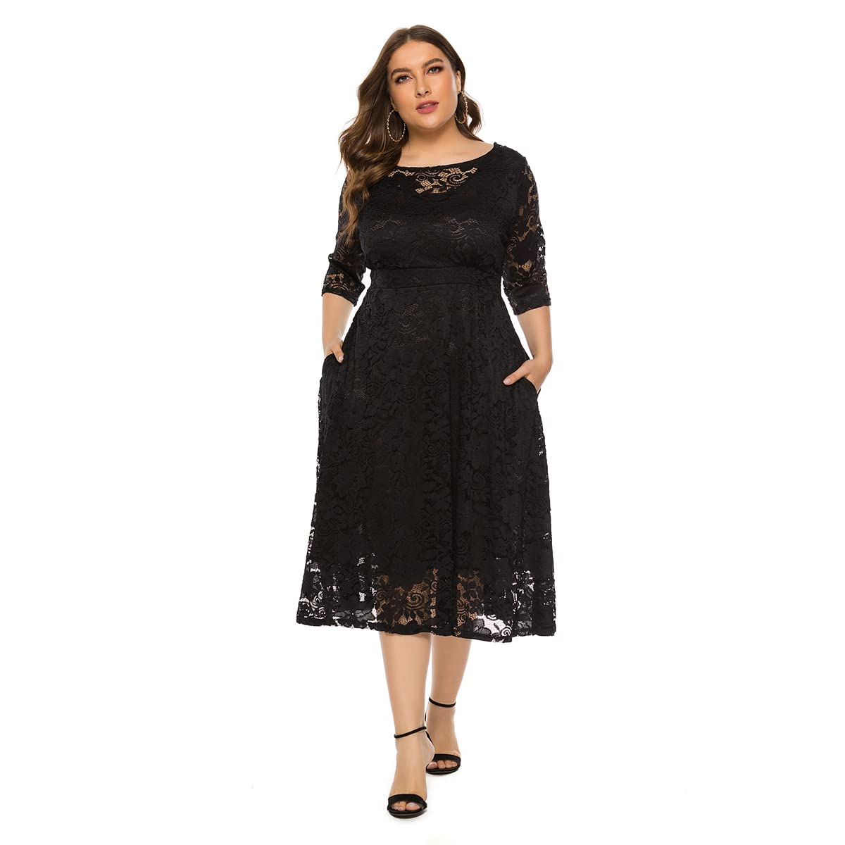 Plus Size Summer Dresses for Women - Floral Lace Round Neck Midi Dress for Wedding, Party & Special Occasions | Breathable & Comfortable Casual Wear