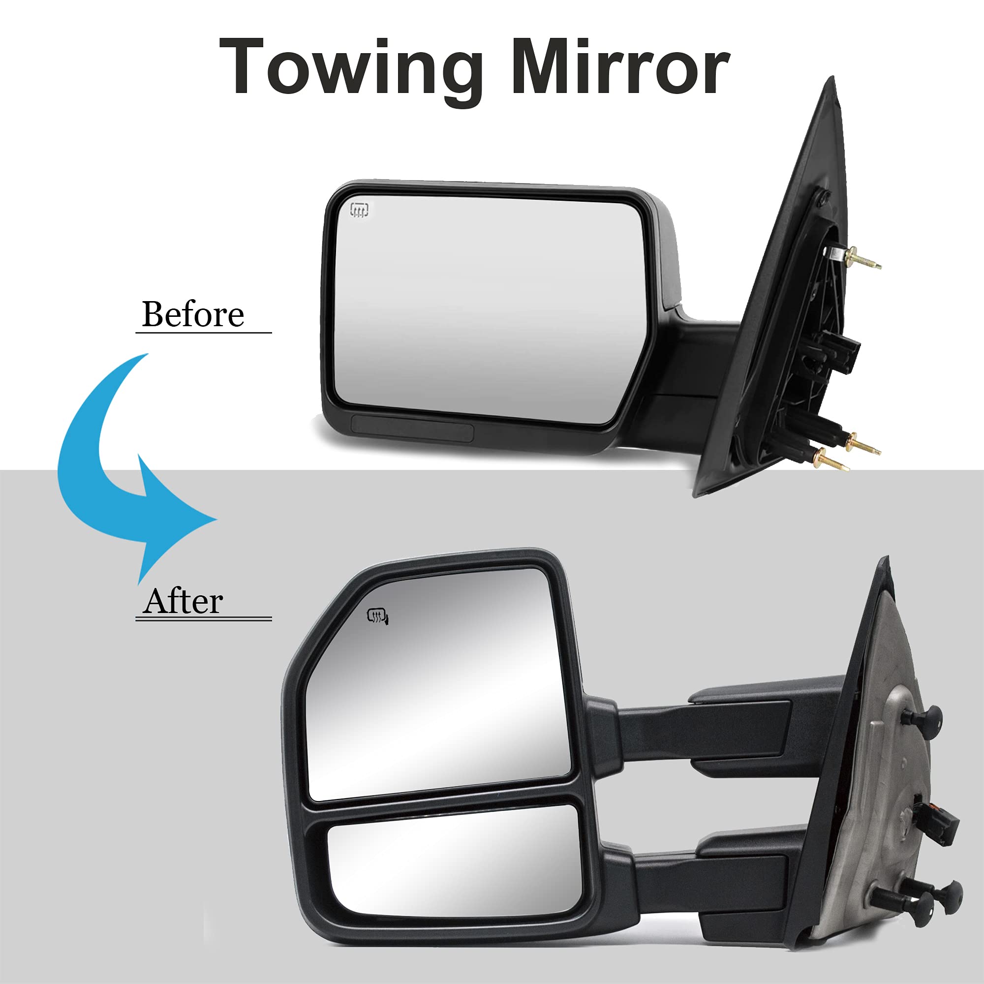 Upgraded Power Heated Towing Mirrors with LED Turn Signal & Puddle Light for 2004-2014 Ford F150 - Chrome Defrost Tow Mirrors for Enhanced Visibility & Safety During Night Driving and Winter Towing