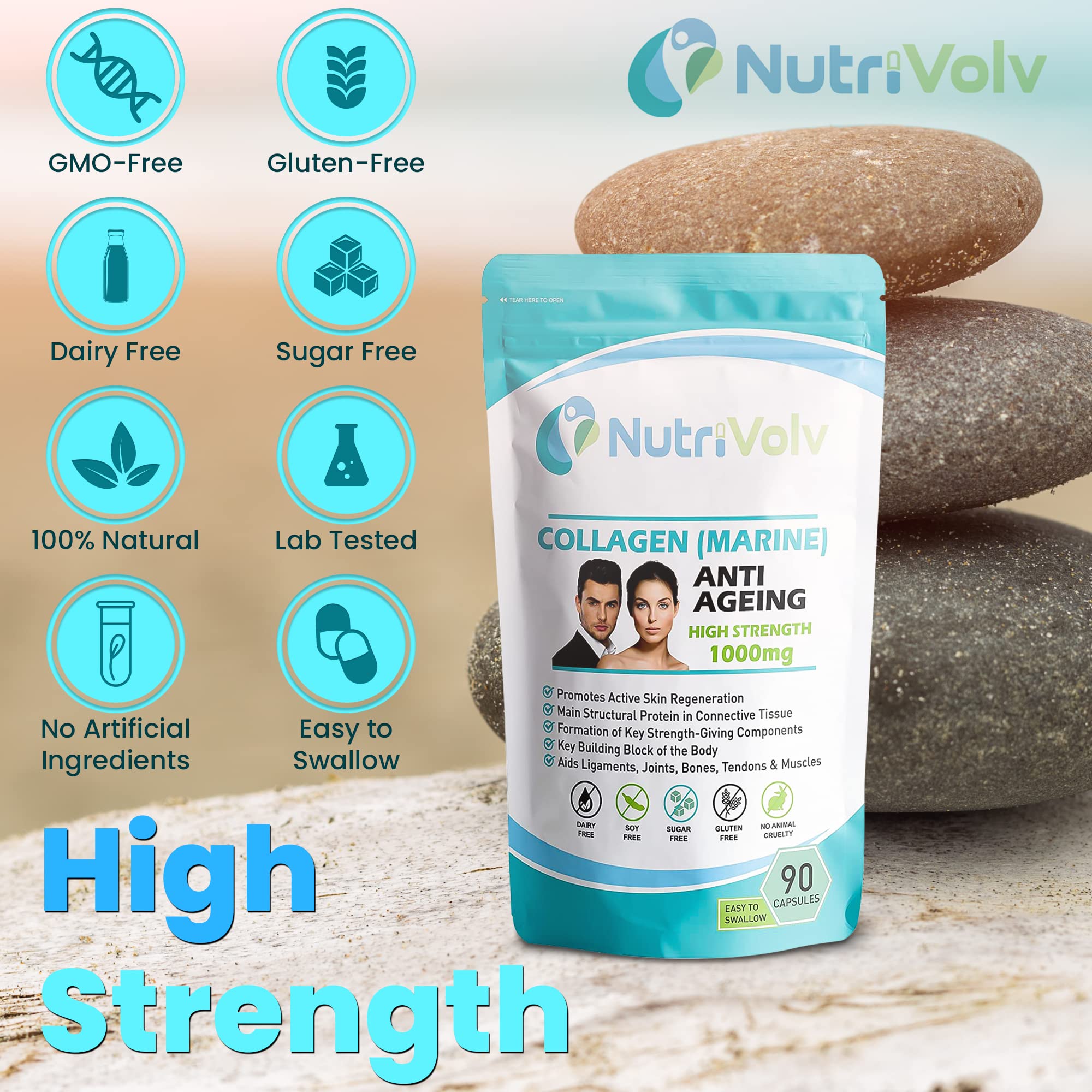 NutriVolv Marine Collagen 1000mg Supplement - Anti-Aging Support for Skin, Joints, Bones & Muscle Health | 90 Capsules | Promotes Skin Elasticity & Joint Mobility | Supports Healthy Hair & Nails | Ideal for Active Adults & Mature Skin Care Routine