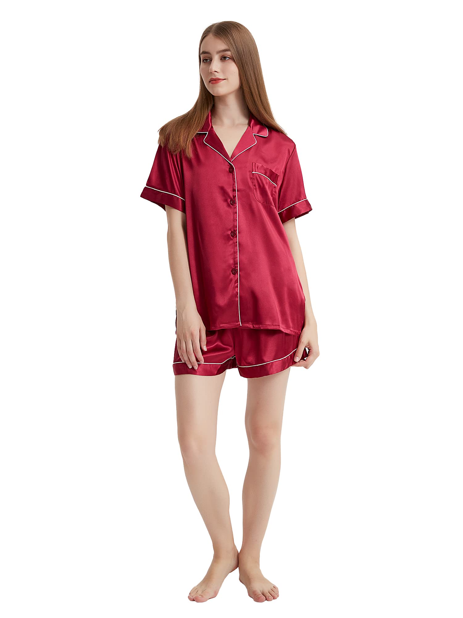 2 Piece Silk Satin Pajama Set for Women - Soft & Comfortable Short Sleeve Button Down Sleepwear - Perfect for Lounging, Sleepovers & Relaxing at Home