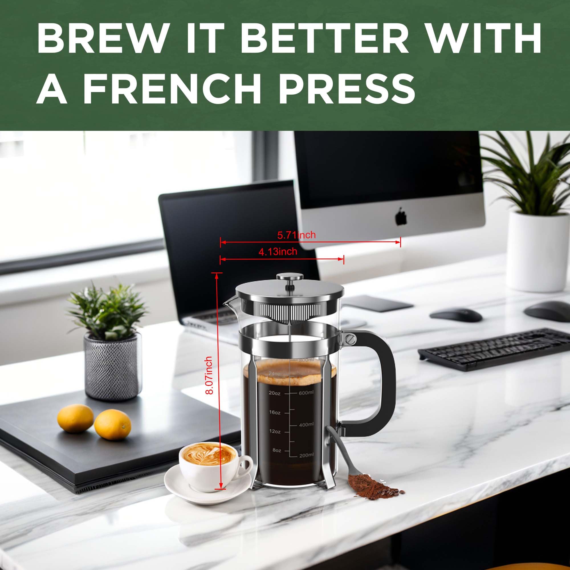 Premium Stainless Steel French Press Coffee Maker - 34oz (1L) Borosilicate Glass, Heat Resistant for Hot & Cold Brew Coffee, Tea & Espresso - Perfect for Home, Office & Camping Use
