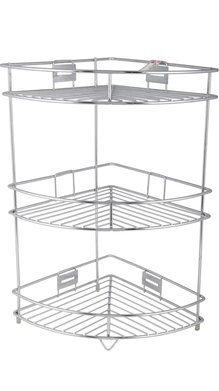 3-Tier Stainless Steel Kitchen Utensil Organizer - Space Saving Corner Shelf for Plates, Dishes & Bathroom Storage (10