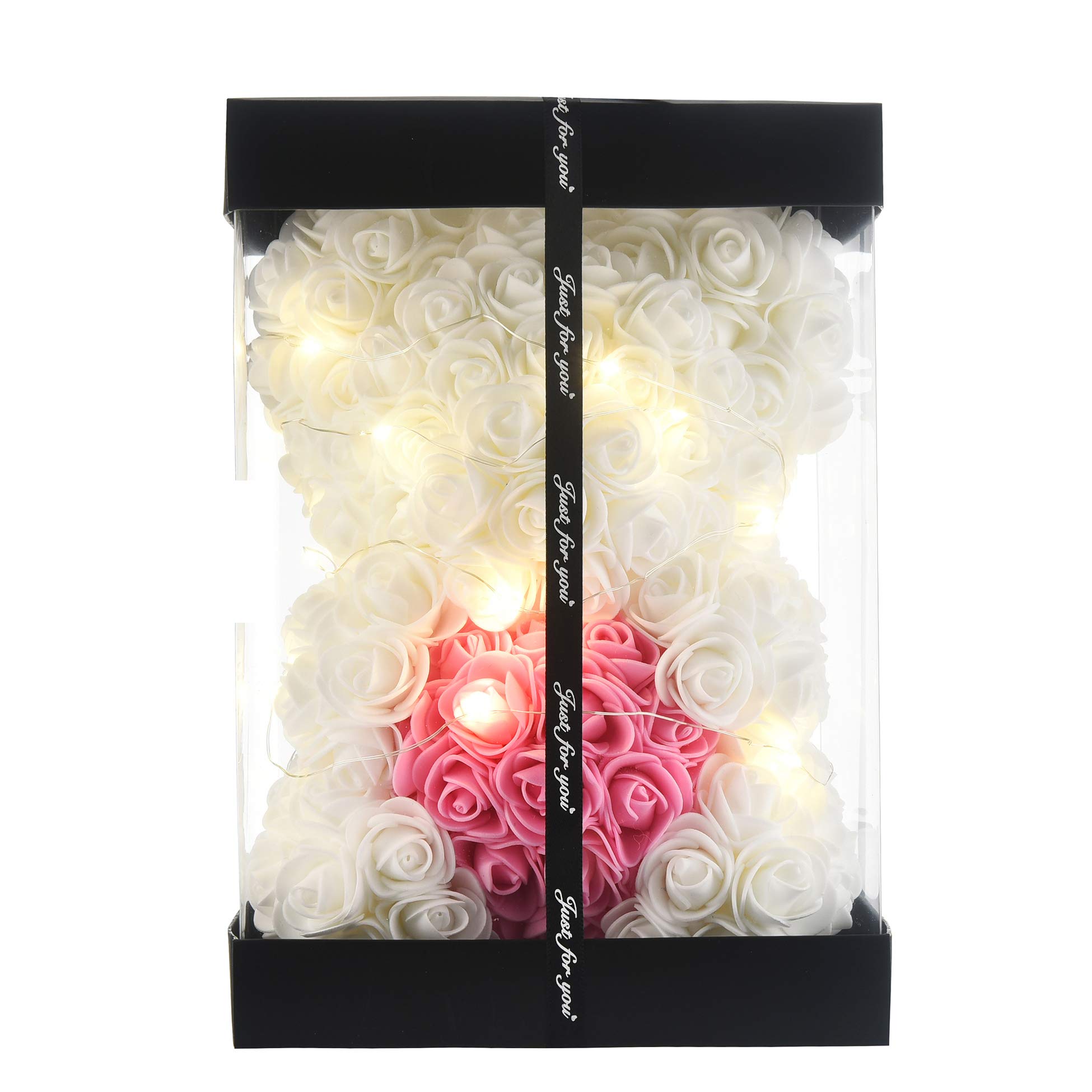 Handmade Rose Teddy Bear - Artificial Rose Flower Bear Gift for Mom, Girls, Birthday, Party | Unique Home Decor, Wedding, Valentine's Day Present in Elegant Clear Gift Box (White)
