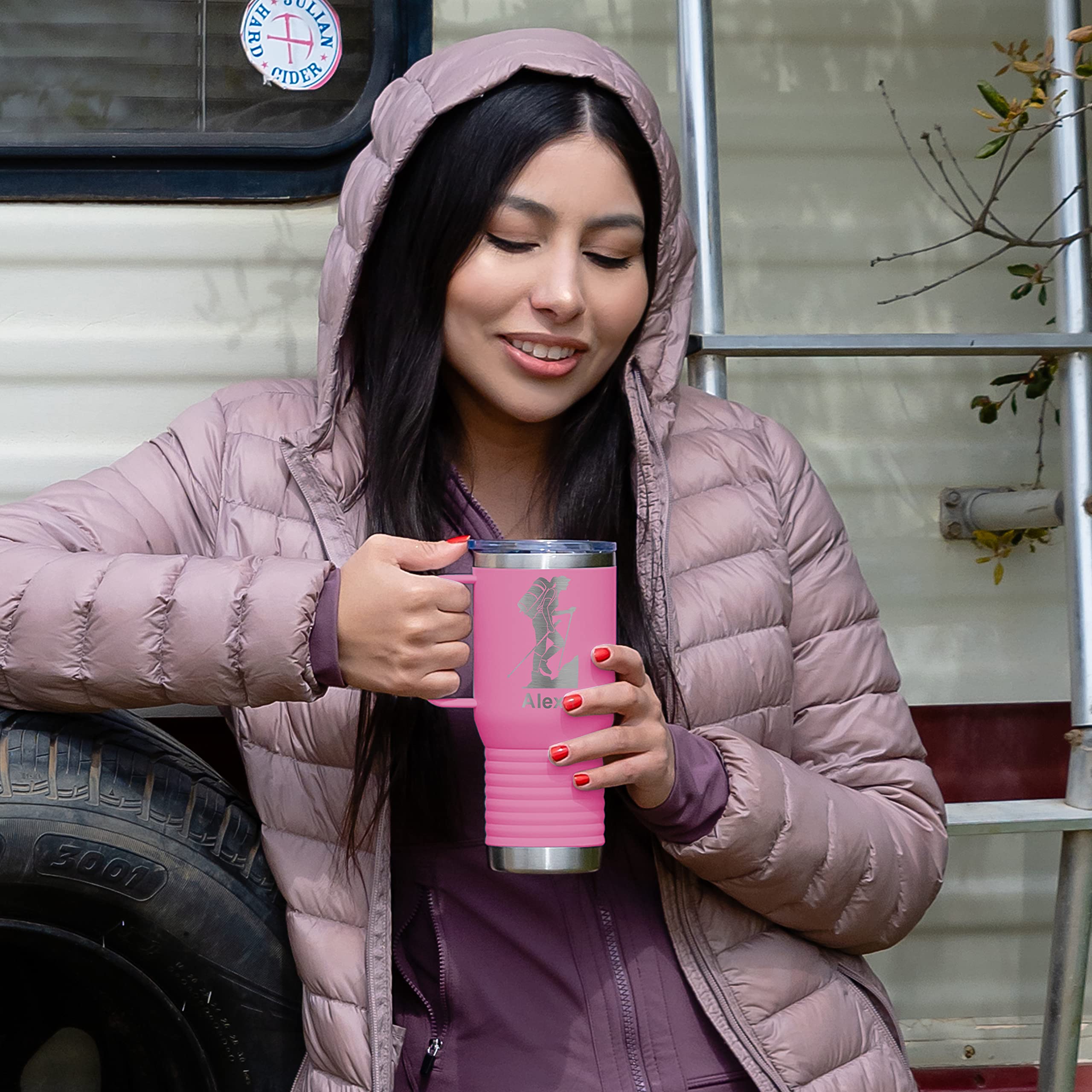 LaserGram 20oz Vacuum Insulated Stainless Steel Travel Mug with Handle - Custom Guatemala Flag Engraving, Hot & Cold Drink Tumbler - Perfect for Coffee, Tea, Camping, Office & Commuting (Pink)