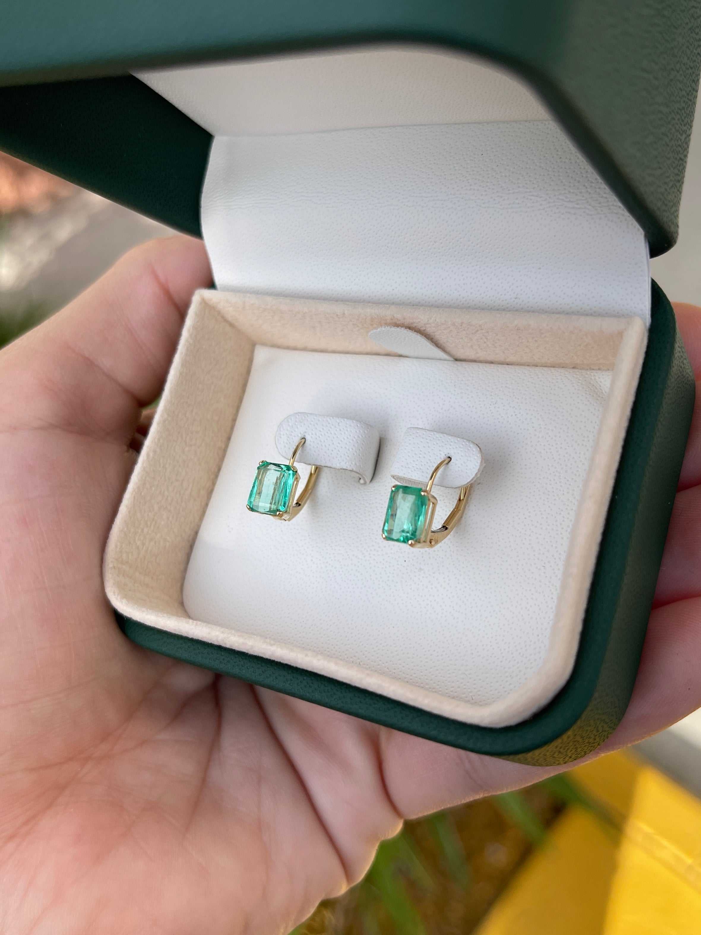 2.41tcw Genuine Colombian Emerald Cut Leverback Earrings in 14K Gold - Elegant Jewelry for Weddings, Parties & Special Occasions