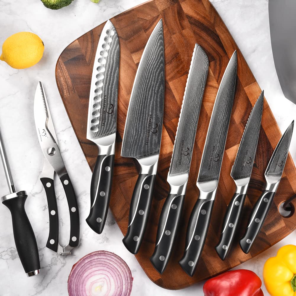 Premium Damascus Steel Kitchen Knife Set - 9-Piece Chef Knives with Wooden Block, Ergonomic ABS Handles, Knife Sharpener & Kitchen Shears - Perfect for Home Cooking, Professional Chefs & Gourmet Food Preparation