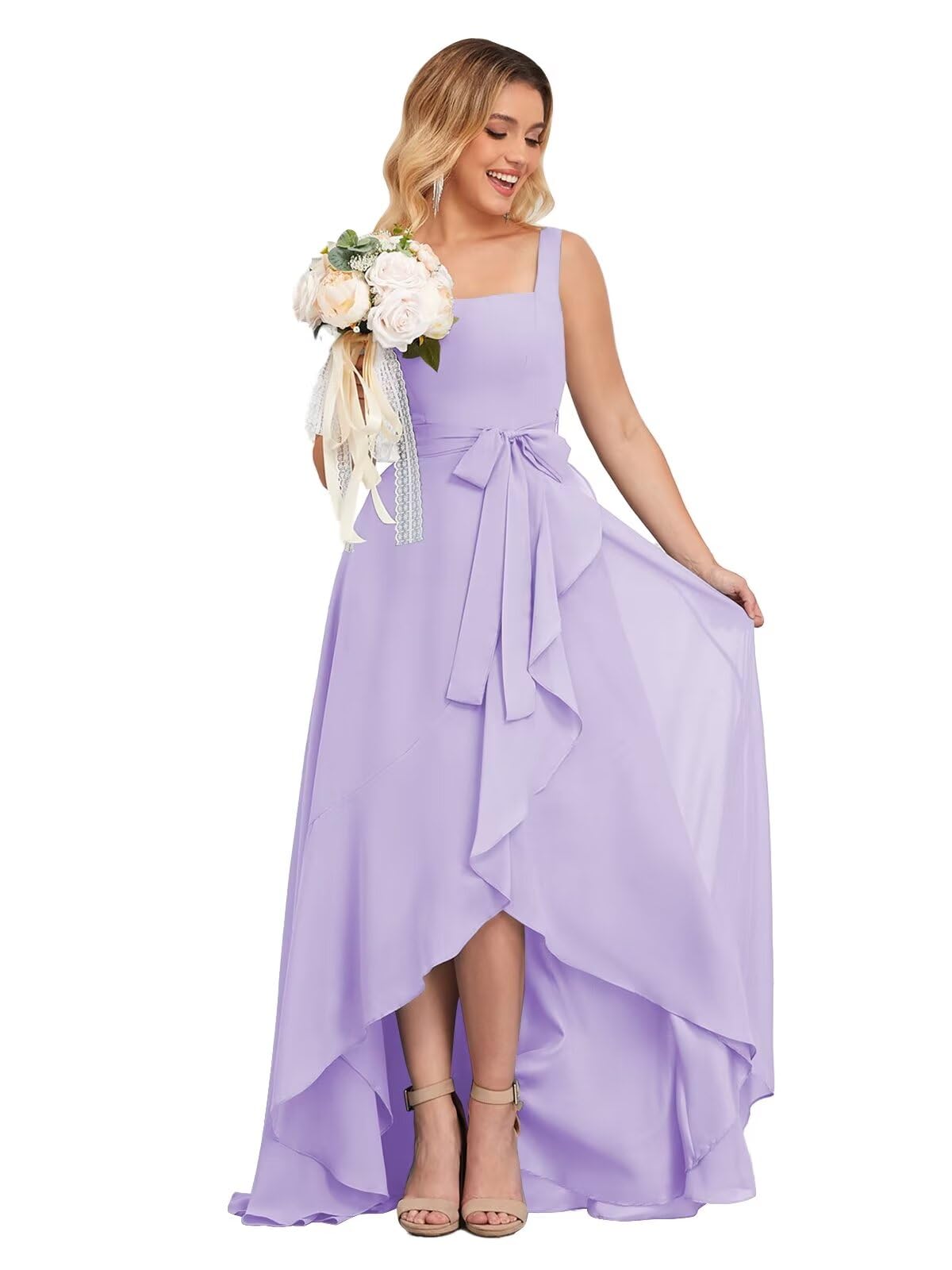 Elegant Square Neck Long Chiffon Bridesmaid Dress with Ruffle High-Low Hem - Formal Evening Gown for Women | Perfect for Weddings, Prom & Special Occasions
