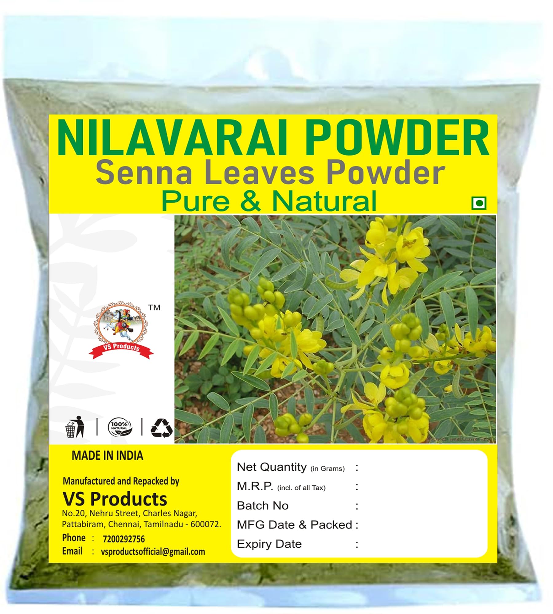 VS Products Nilavarai Powder (Senna Powder, Cassia Angustifolia, Sonamukhi Powder) - 150g - Natural Digestive Support for Constipation Relief & Colon Cleansing - Perfect for Herbal Tea & Ayurvedic Remedies