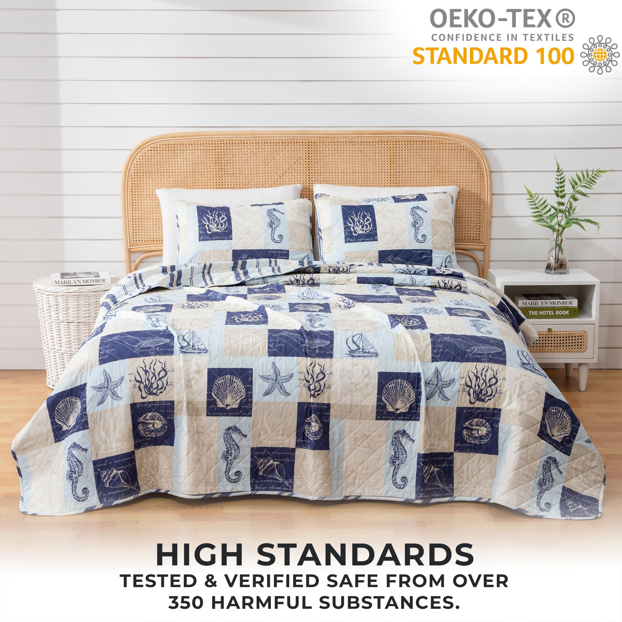 King Coastal Quilt Bedding Set - Lightweight Reversible Summer Beach Quilt with Shams, 3-Piece All Season Nautical Bedspread | Caspian Collection in Navy/Taupe | Perfect for Beach House, Guest Room & Coastal-Themed Bedrooms