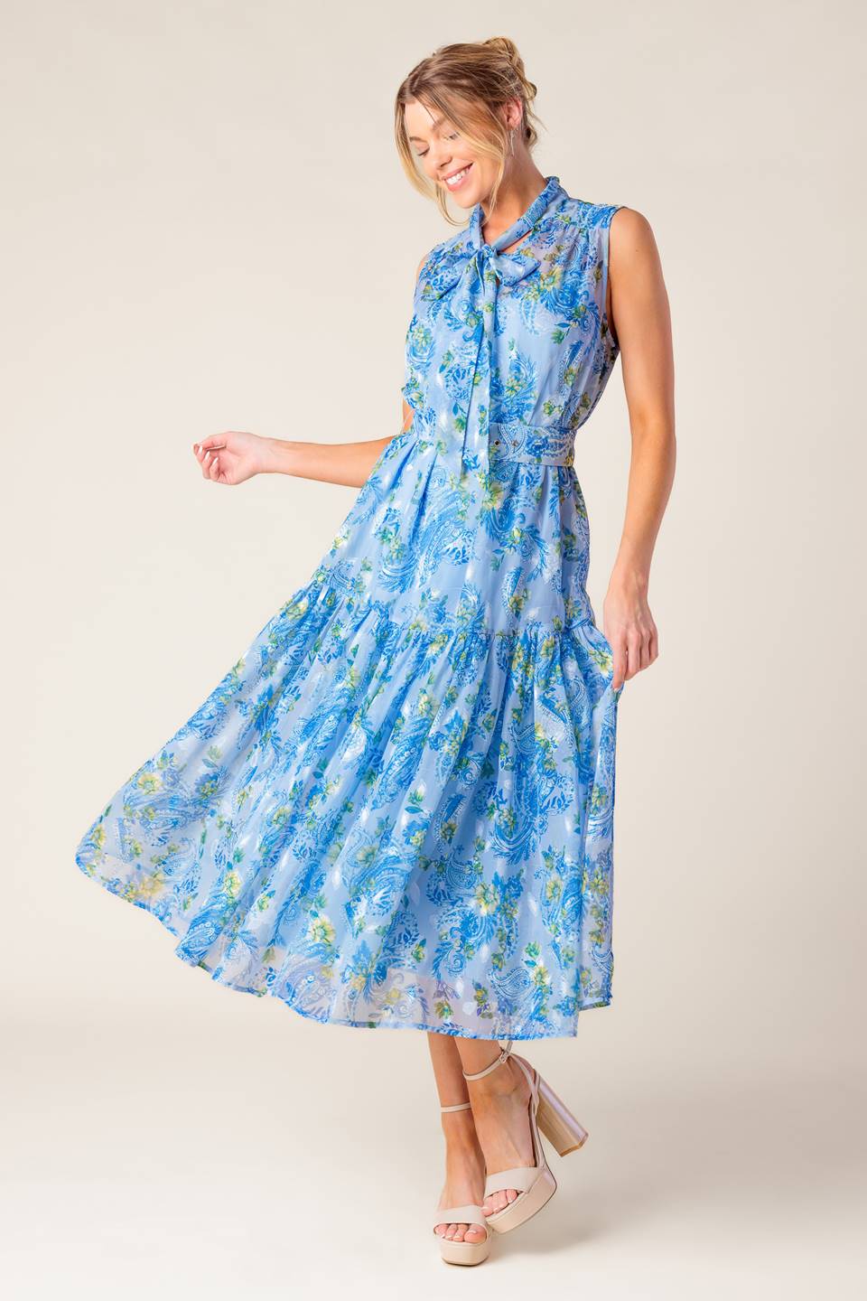EVER AFTER BOW TIE MIDI DRESS in Powder Blue - Elegant A-Line Flowy Formal Dress for Weddings, Parties & Special Occasions