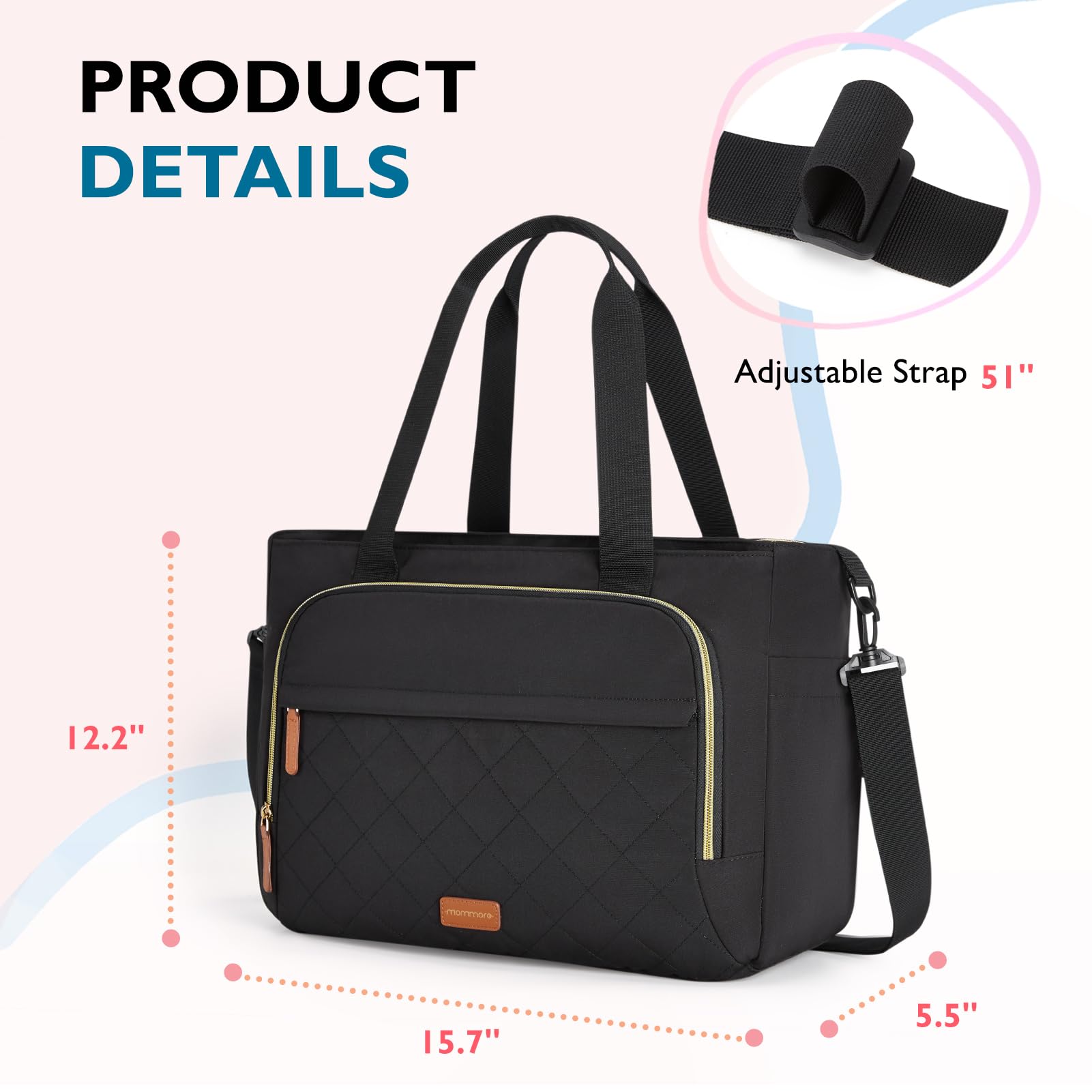 Mommore Small Lightweight Diaper Bag Tote with Insulated Pockets & Stroller Straps - Perfect for Nursing, Gym, Travel & Everyday Use as Baby Essentials Organizer
