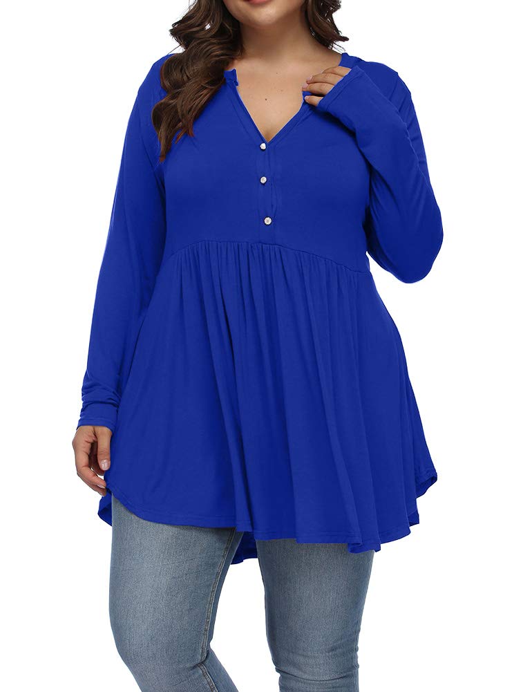 ALLEGRACE Women's Plus Size Henley V-Neck Button Down Tunic Top - Long Sleeve Flowy Swing Shirt for Casual Wear & Office Outfits