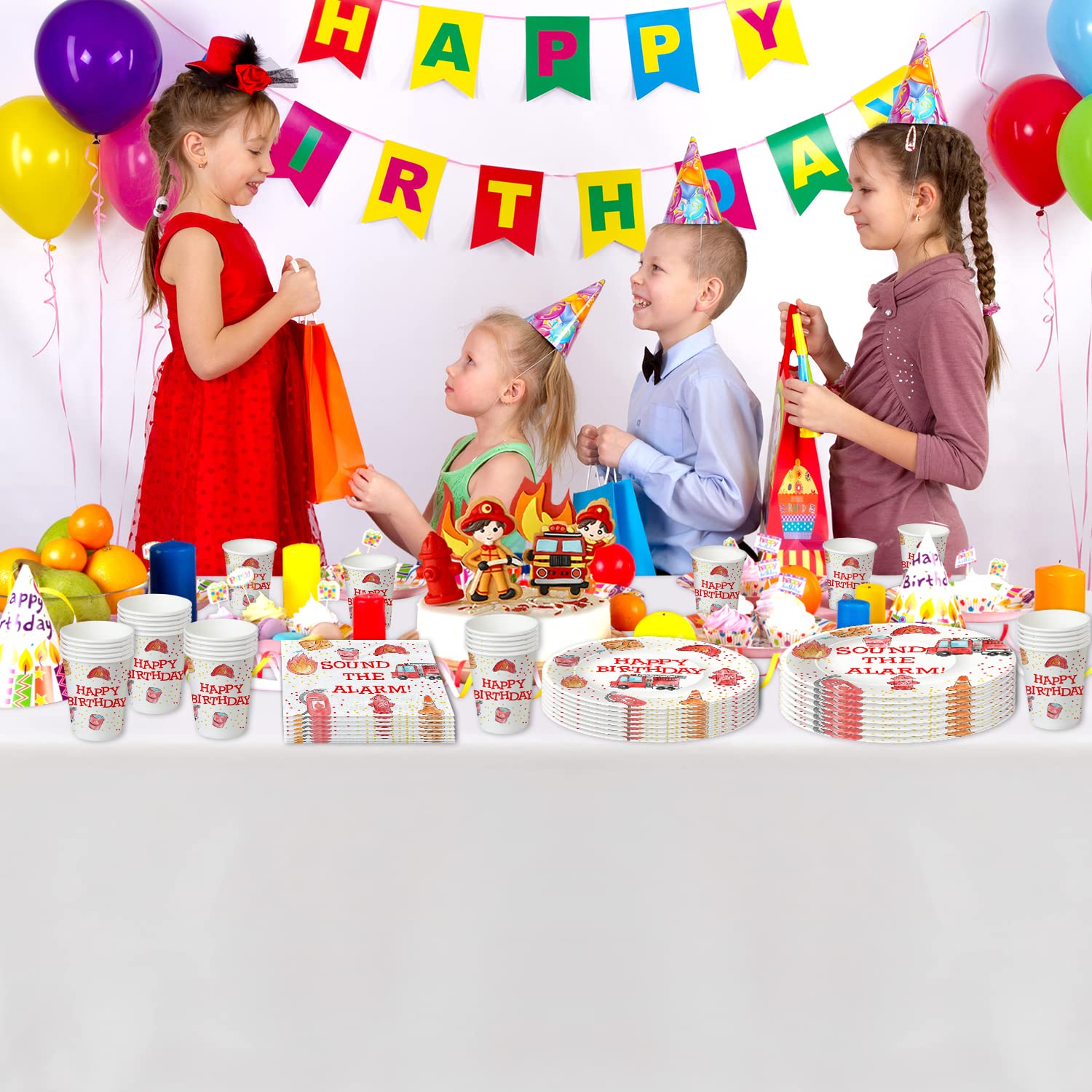 Fire Truck Birthday Party Supplies Set - 24-Piece Firefighter Themed Tableware Kit with Plates, Napkins, Tablecloth & Forks | Perfect for Fireman Birthday Party Decorations & Kids' Themed Celebrations
