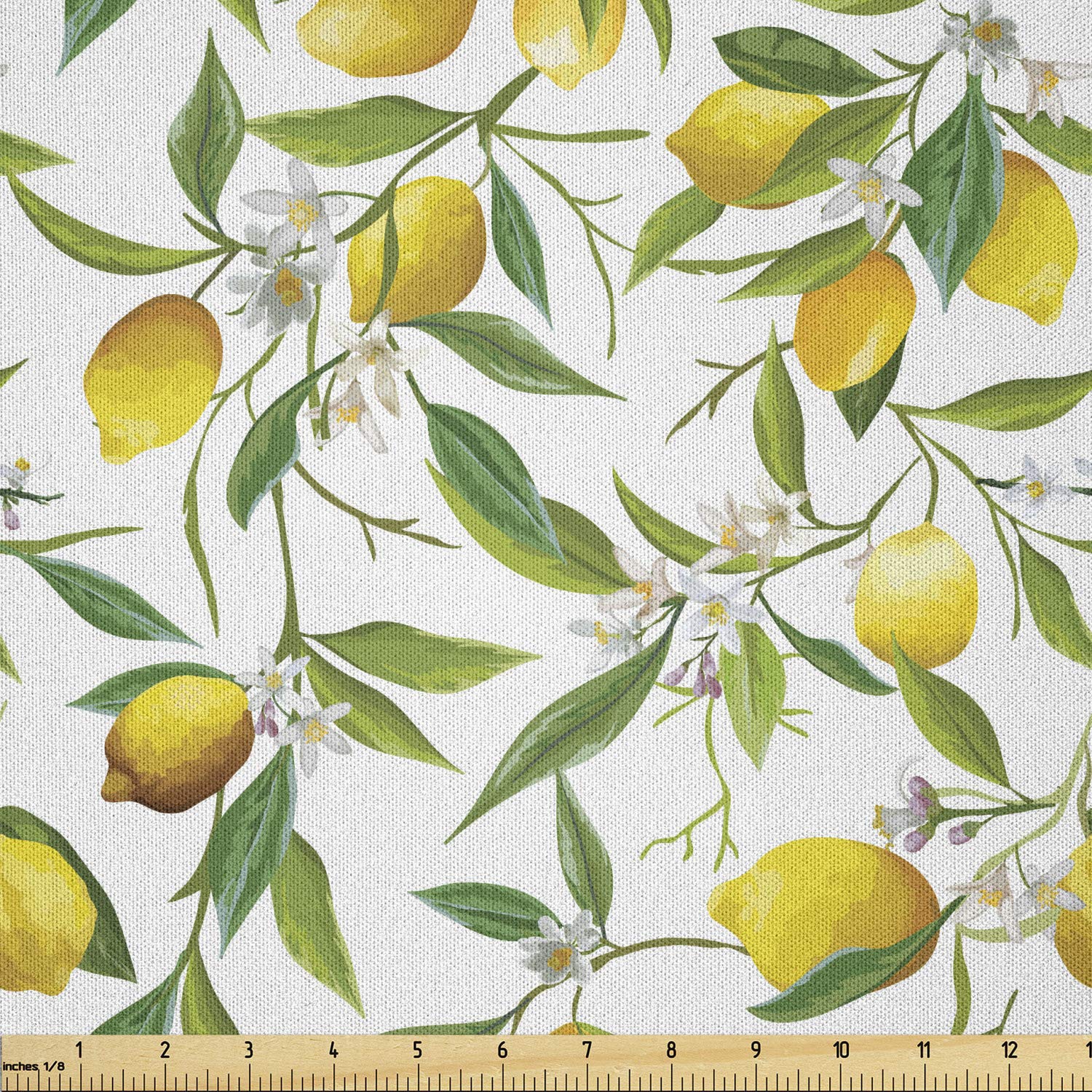 Ambesonne Nature Floral Fabric by The Yard - Flowering Lemon Woody Plant Citrus Fresh Microfiber Material for DIY Arts & Crafts, Home Decor, Upholstery (10 Yards, Fern Green Yellow White) - Perfect for Sewing Projects, Quilting, Curtains & Table Runners